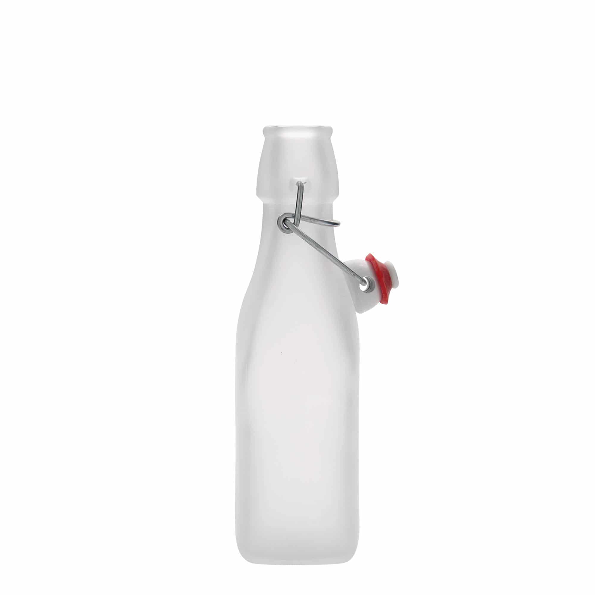 250 ml sklená fľaša „Swing, štvorcová, biela farba, hrdlo: strmeňový uzáver