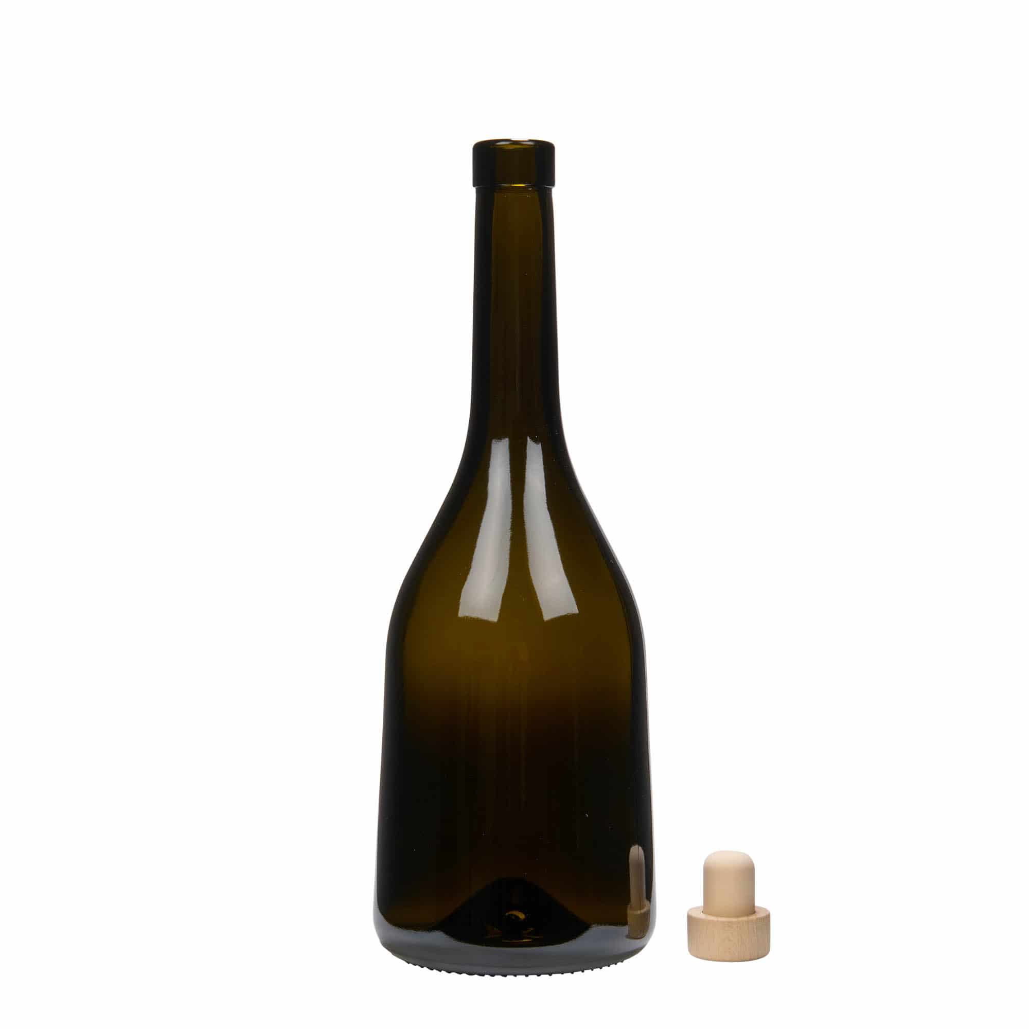 750 ml sklená fľaša „Rustica“, antická zelená farba, hrdlo: korok