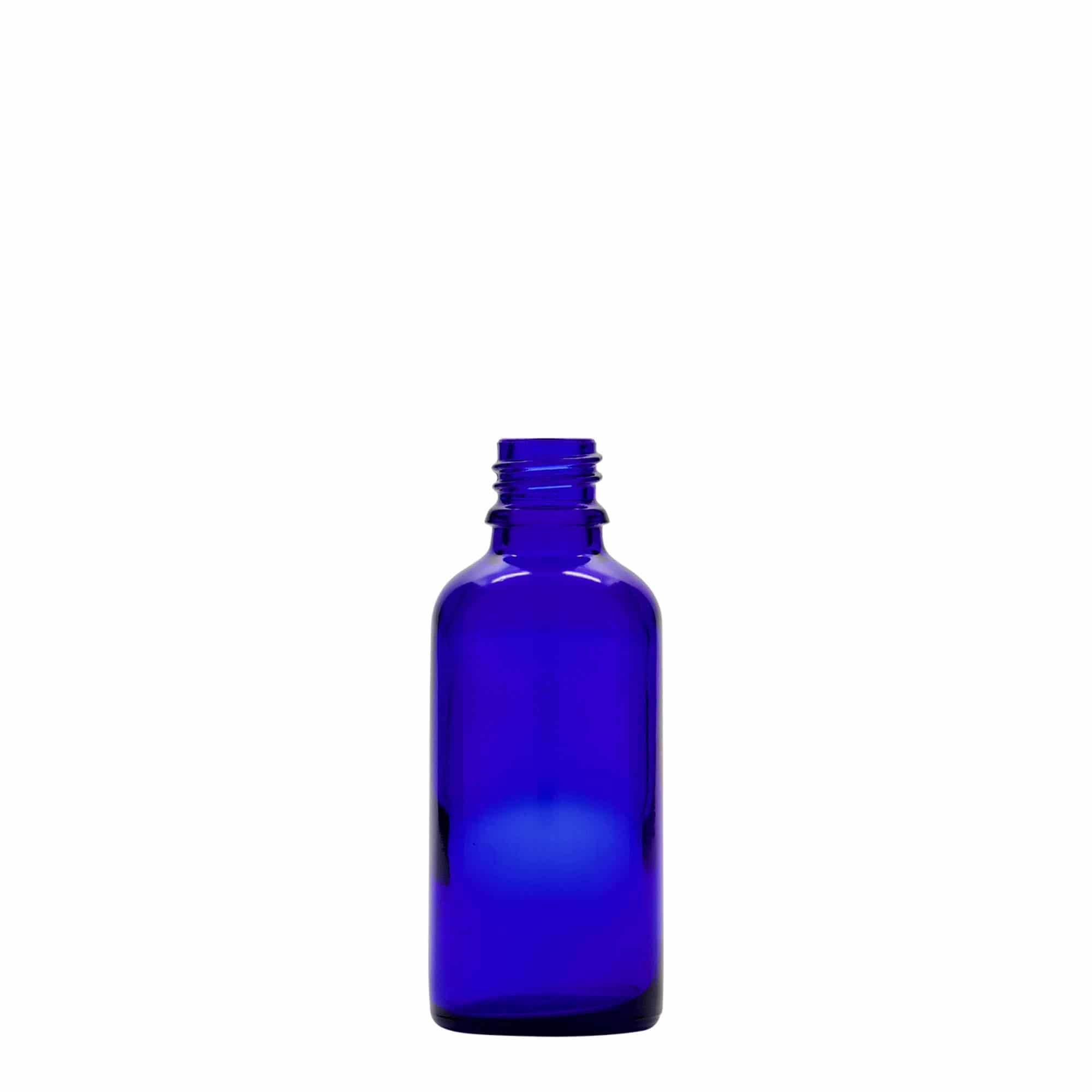 50 ml kvapkacia fľaštička lekárska, sklo, kráľovská modrá-červená, hrdlo: DIN 18