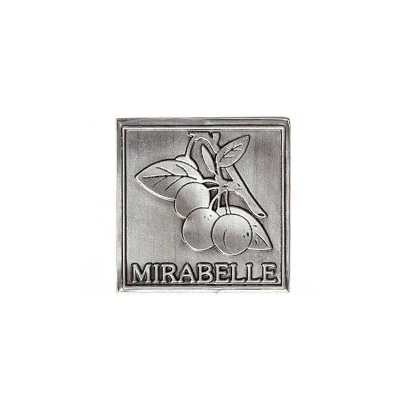 Cínová etiketa „Mirabelka“, štvorcová, kov, strieborná farba
