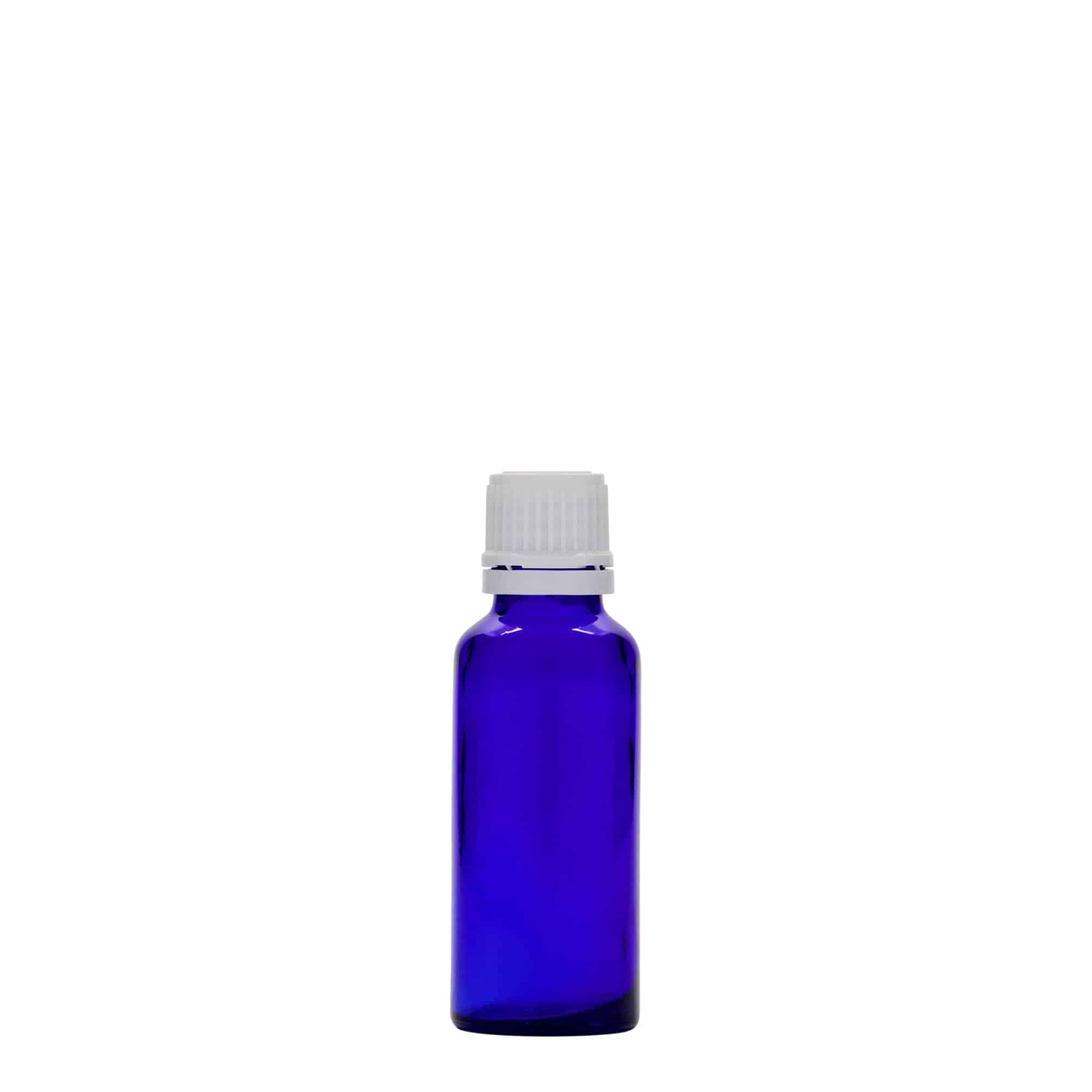 30 ml liekovka, sklená, kráľovská modrá farba, hrdlo: DIN 18