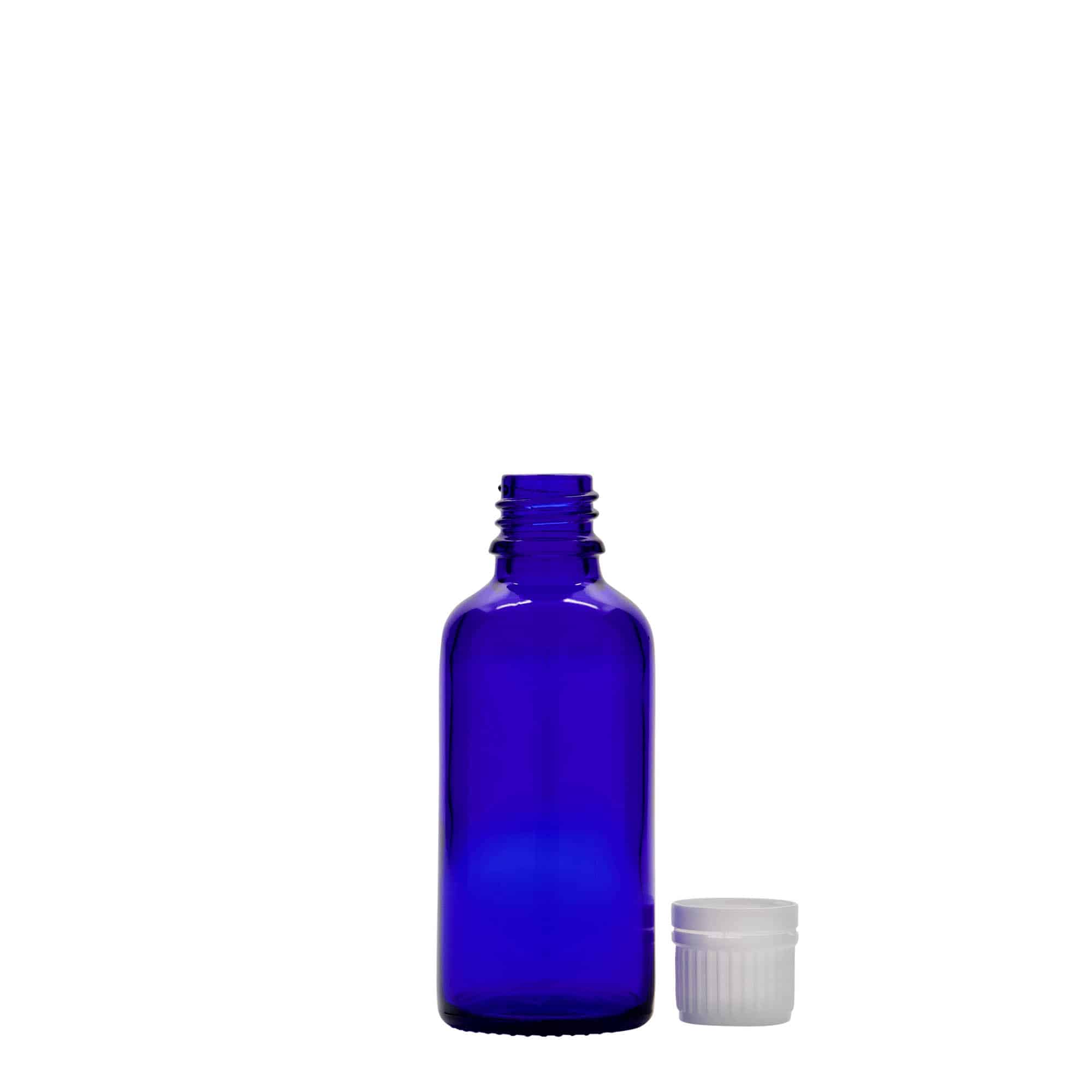 50 ml liekovka, sklená, kráľovská modrá farba, hrdlo: DIN 18