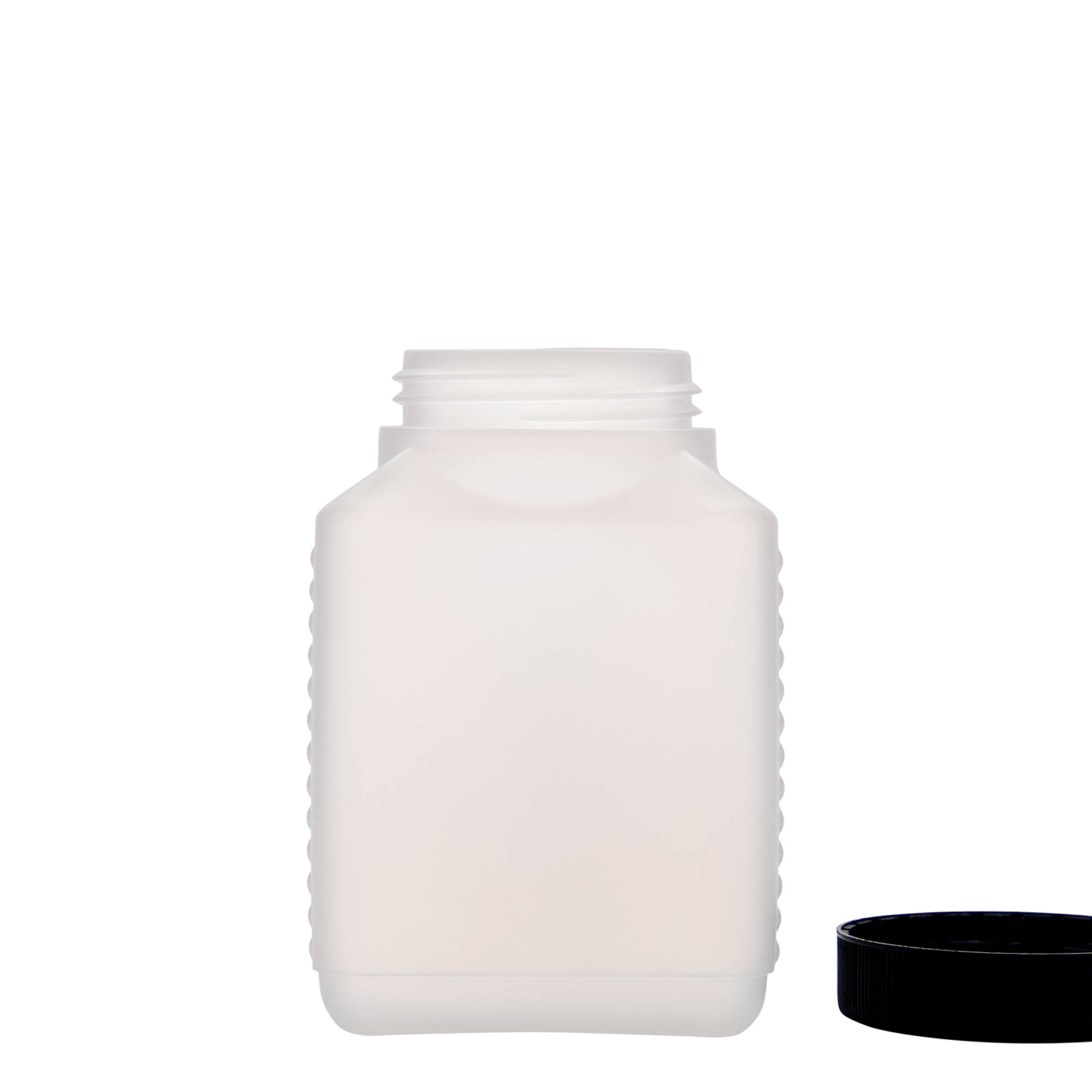 500 ml fľaša s širokým hrdlom, obdĺžniková, HDPE plast, prírodná, hrdlo: DIN 60 EPE