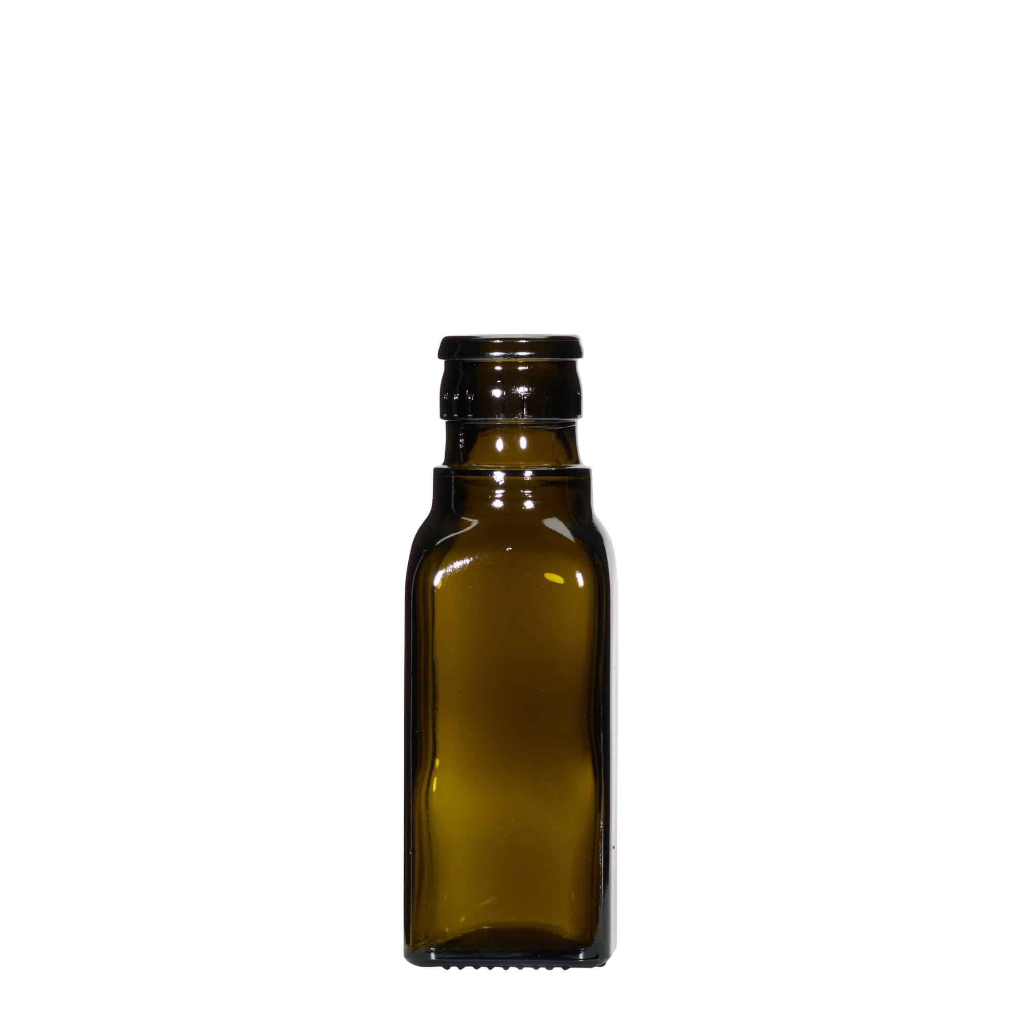 100 ml fľaša na ocot/olej „Quadra“, sklená, štvorcová, antická zelená farba, hrdlo: DOP 100 ml fľaša na ocot/olej „Quadra“, sklená, štvorcová, antická zelená farba, hrdlo: DOP