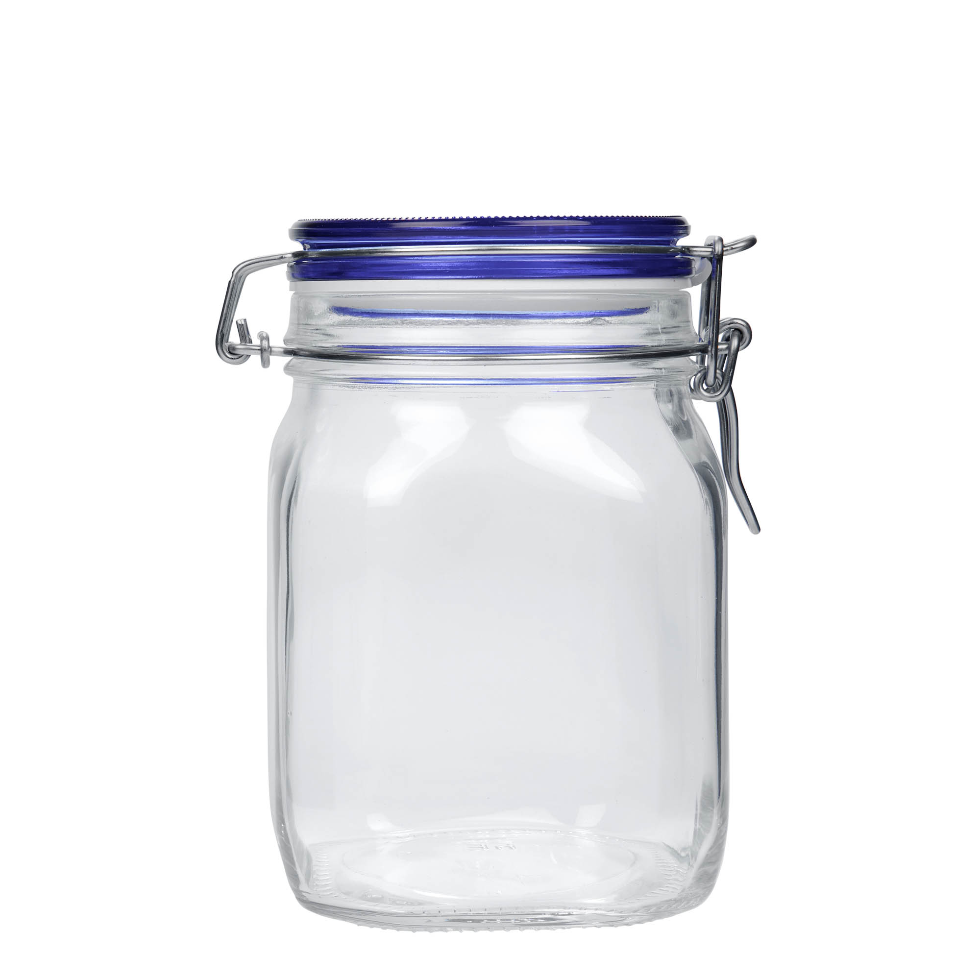 1 000 ml drôtené uzáverové sklo „Fido“ modrý vrch, štvorcové, hrdlo: drôtený uzáver