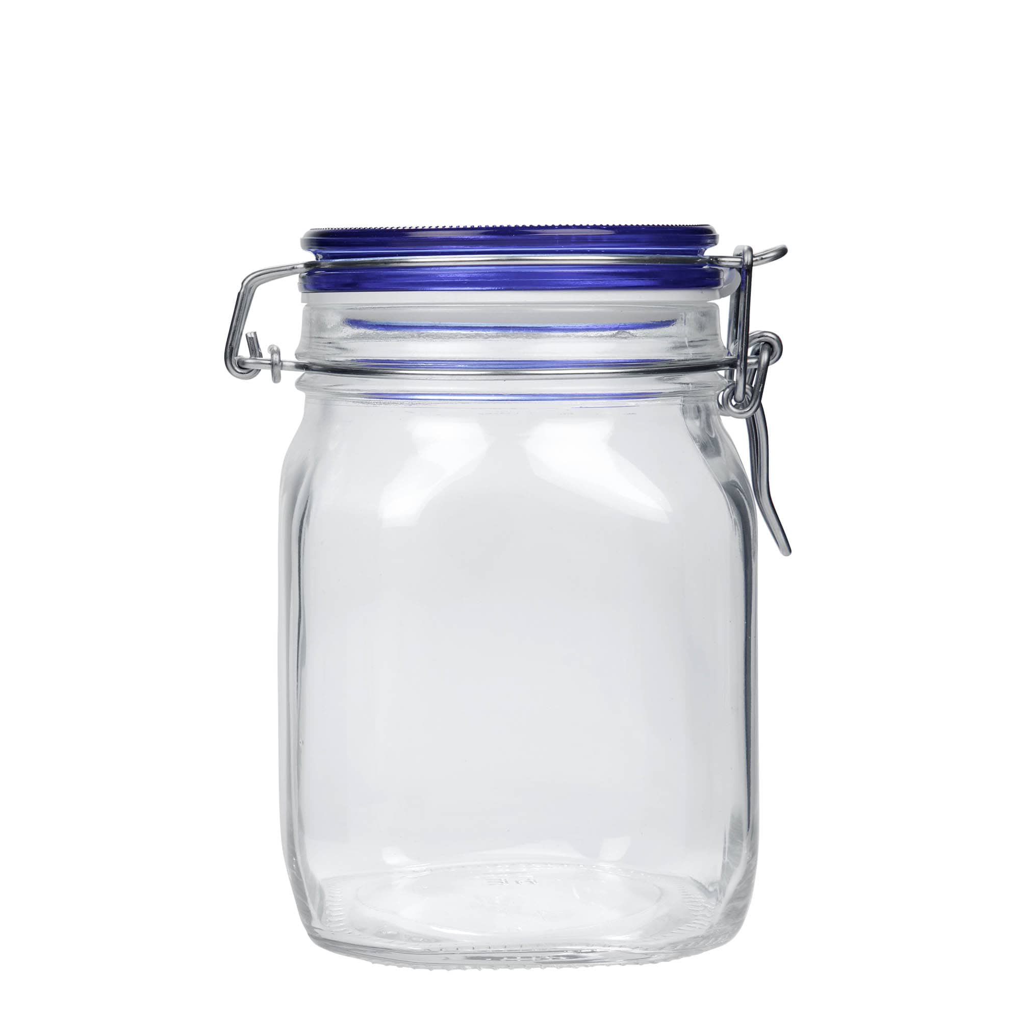 1 000 ml drôtené uzáverové sklo „Fido“ modrý vrch, štvorcové, hrdlo: drôtený uzáver