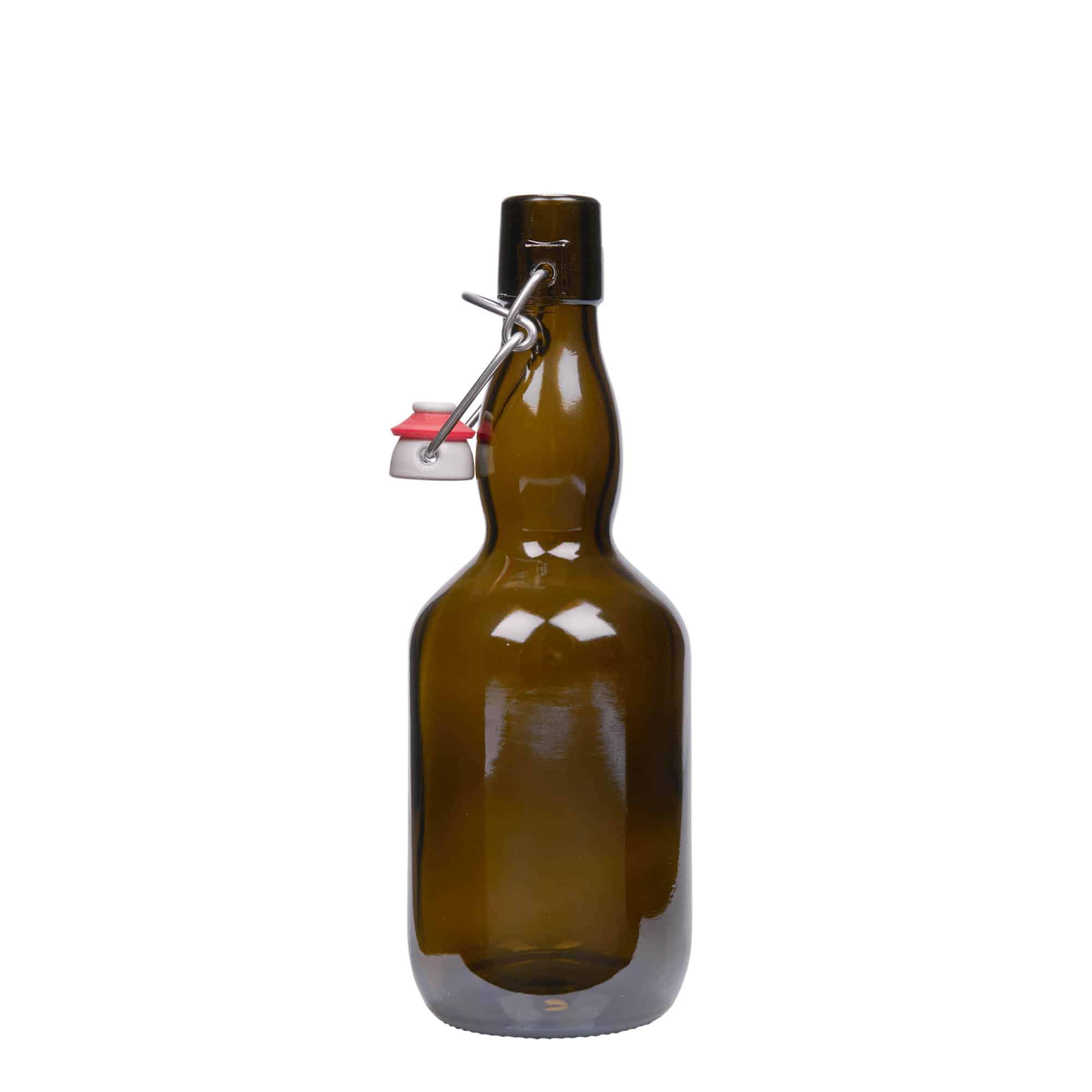 500 ml fľaša na pivo s krátkym hrdlom, sklený, antická zelená farba, hrdlo: strmeňový uzáver