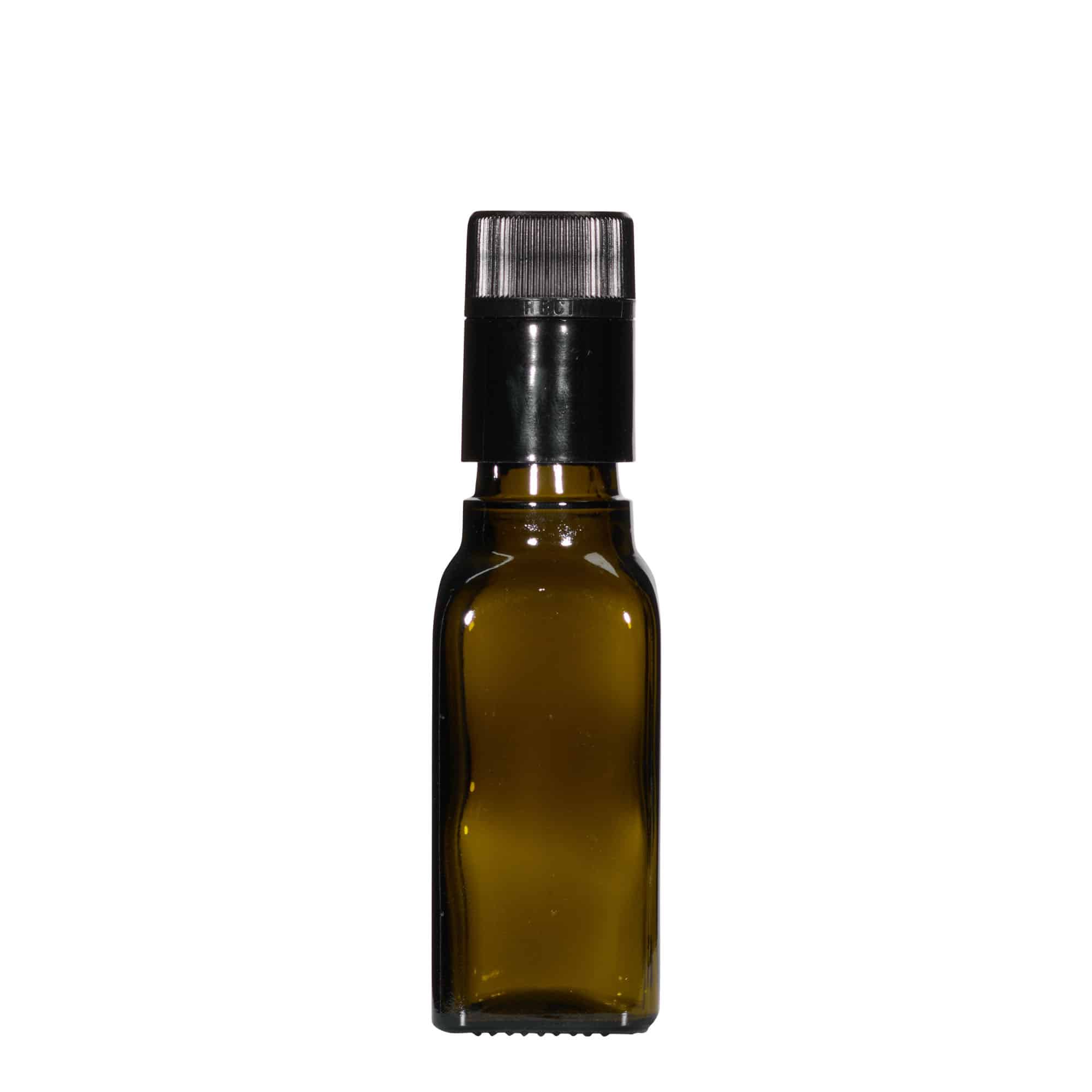 100 ml fľaša na ocot/olej „Quadra“, sklená, štvorcová, antická zelená farba, hrdlo: DOP