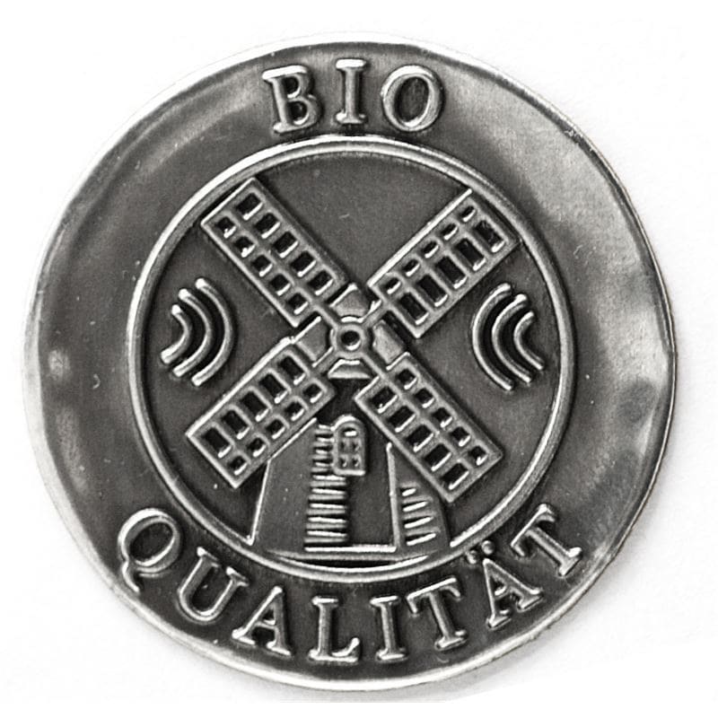 Cínová etiketa „Bio kvalita“, okrúhla, kov, strieborná farba