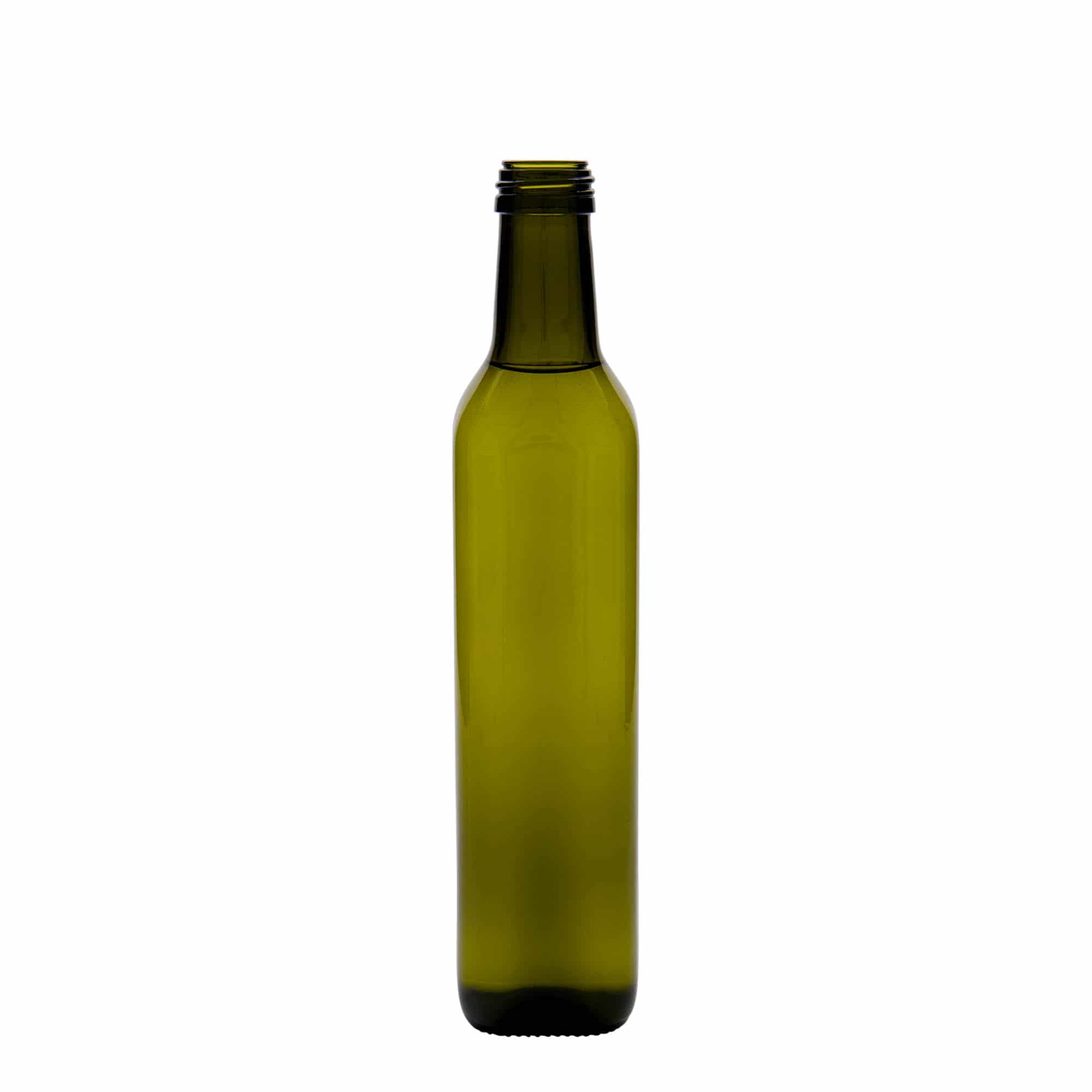 500 ml sklená fľaša „Marasca“, štvorcová, antická zelená farba, hrdlo: PP 31,5