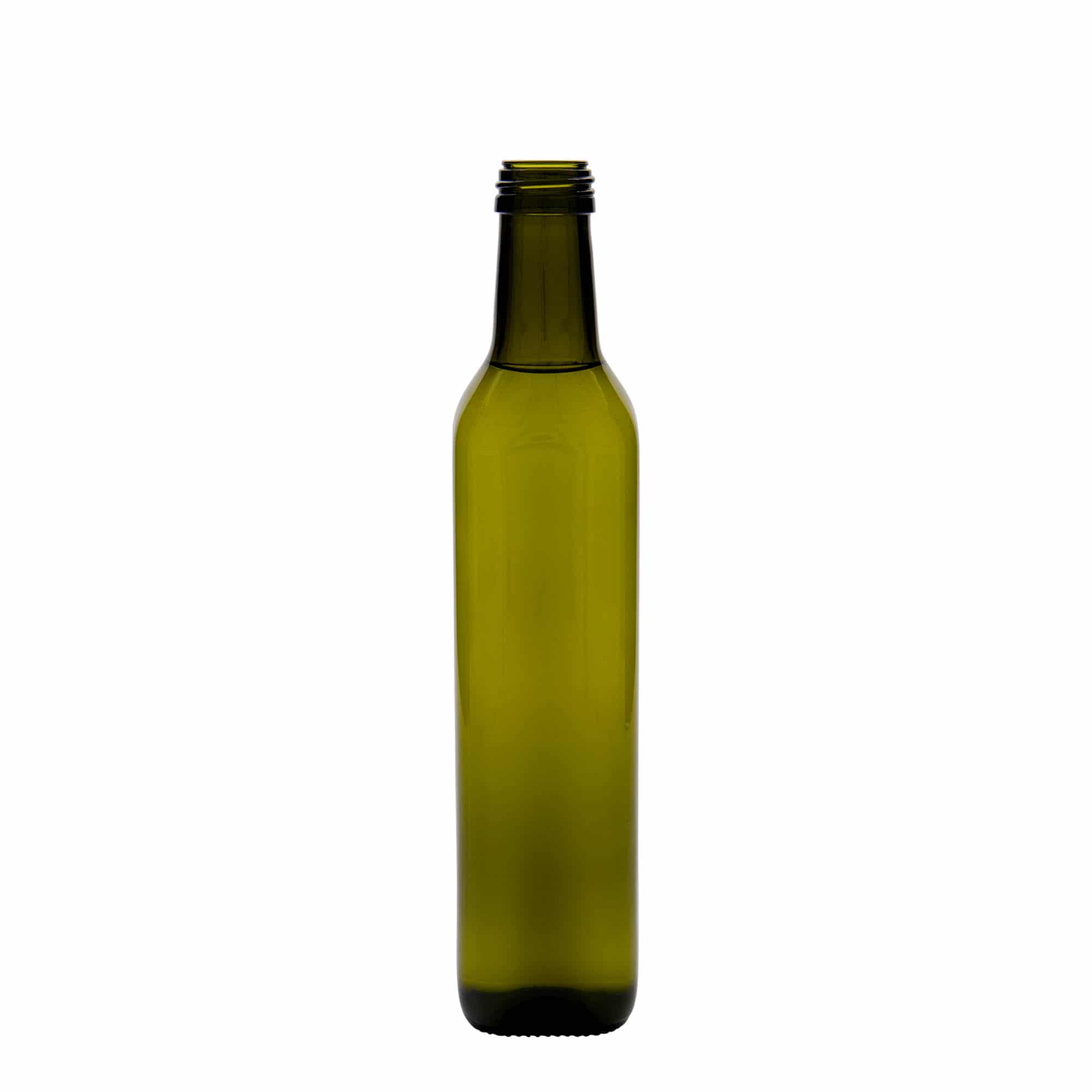 500 ml sklenená fľaša 'Marasca', štvorcová, antikzelená, hrdlo: PP 31,5