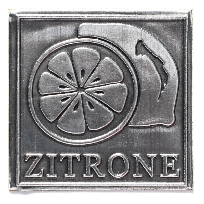 Cínová etiketa „Citrón“, štvorcová, kov, strieborná farba