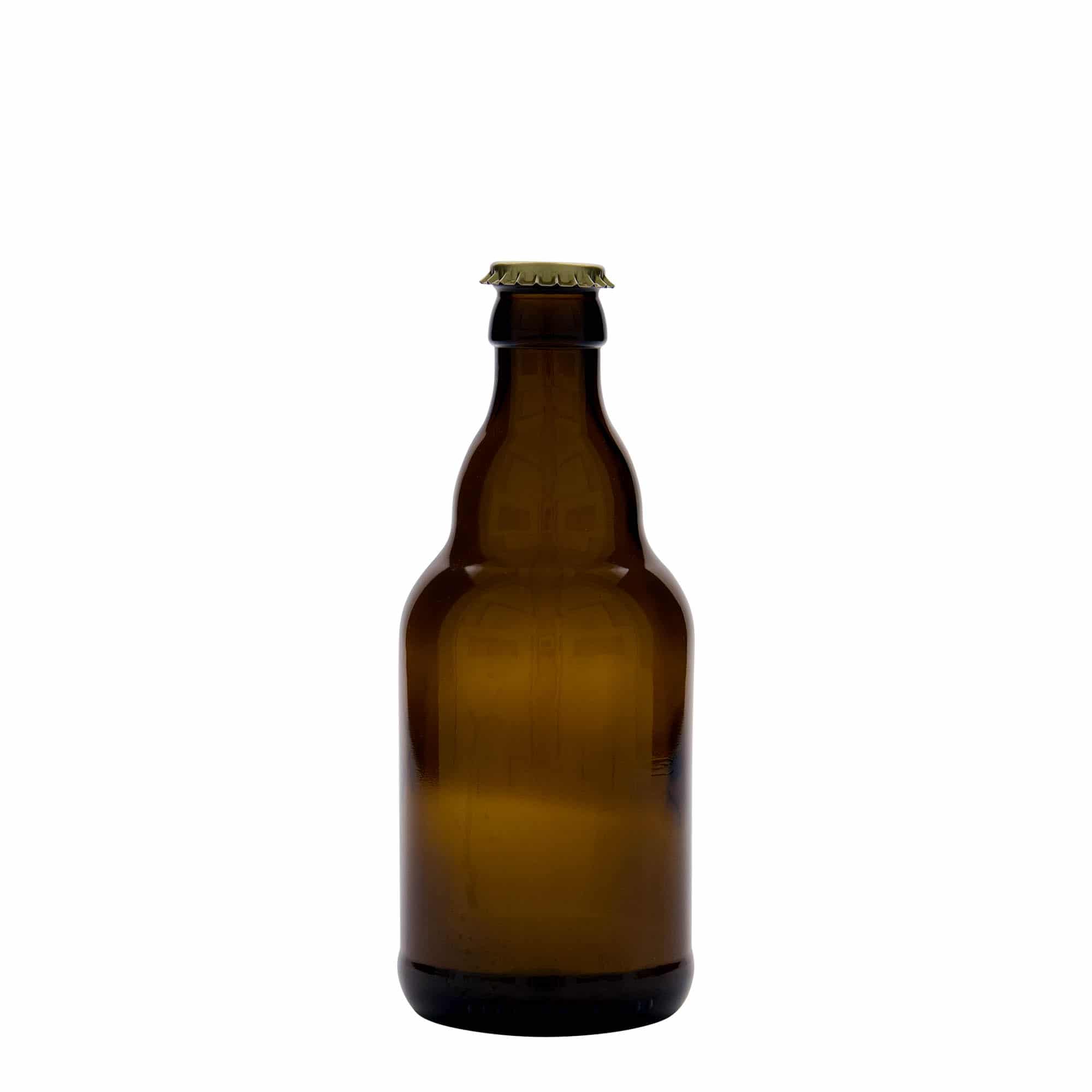 330 ml fľaša na pivo „Steinie“, sklená, hnedá farba, hrdlo: štupeľ