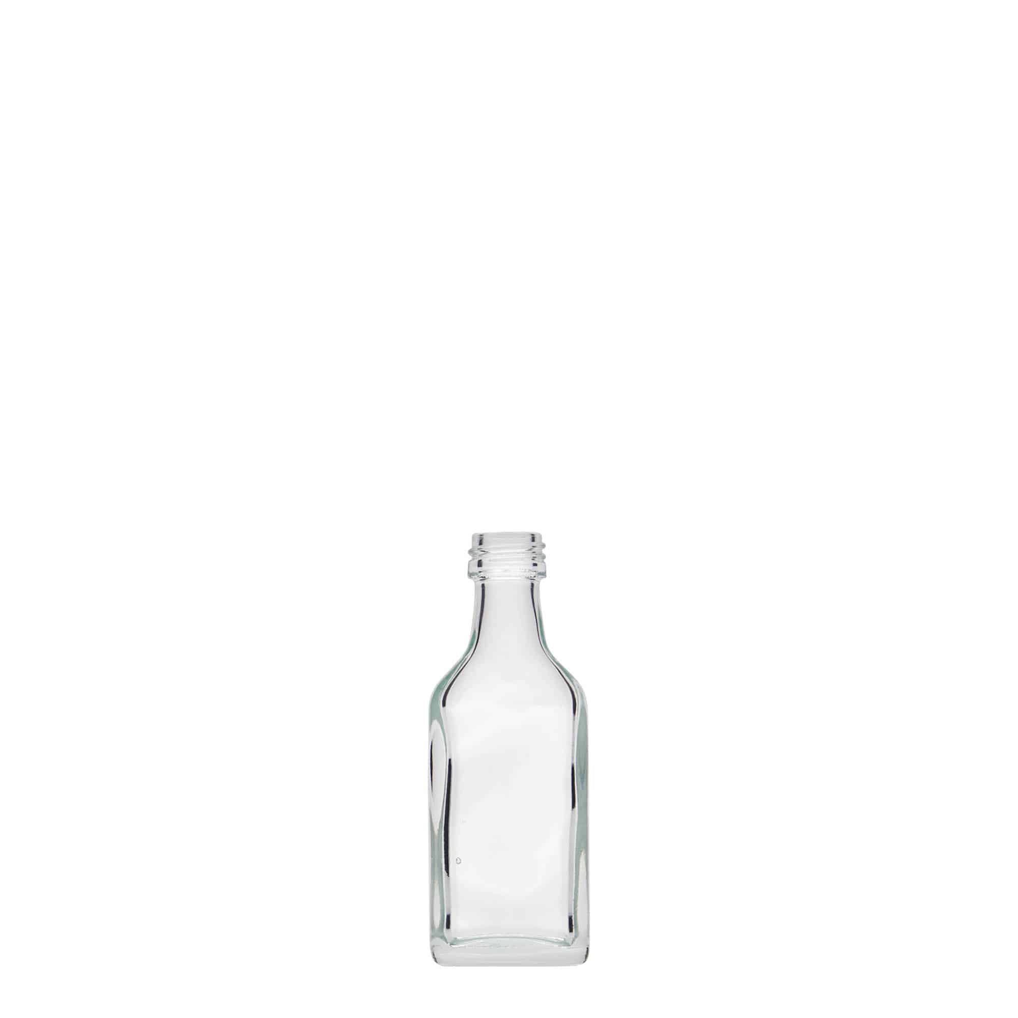 20 ml vrecková fľaša, obdĺžniková, sklená, hrdlo: PP 18 20 ml vrecková fľaša, obdĺžniková, sklená, hrdlo: PP 18