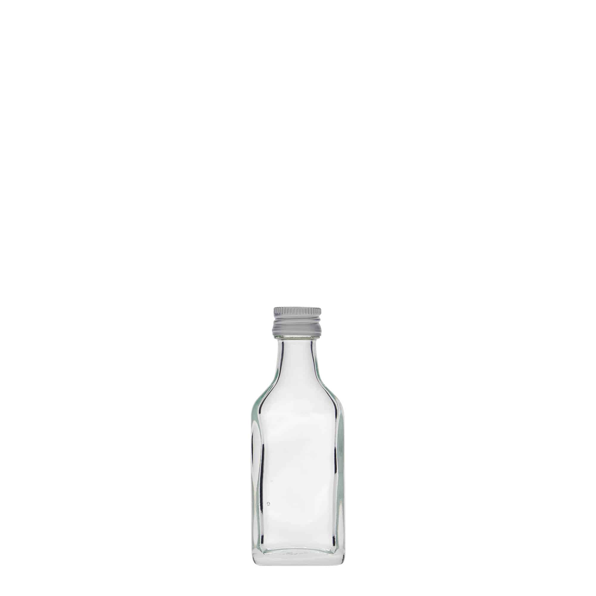 20 ml vrecková fľaštička, obdĺžniková, sklo, hrdlo: PP 18