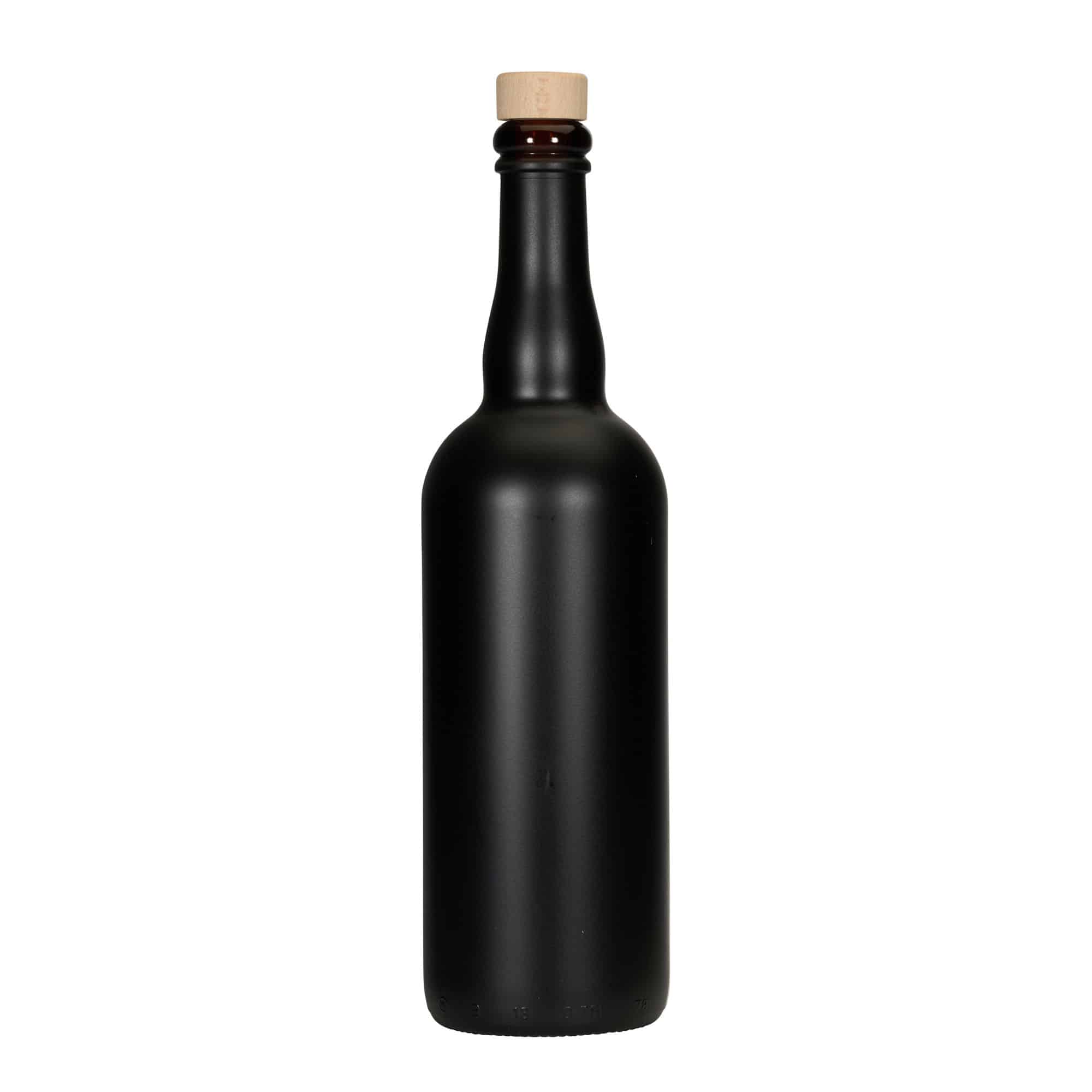 750 ml pivová fľaša Belgicko, sklo, čierna, hrdlo: korok