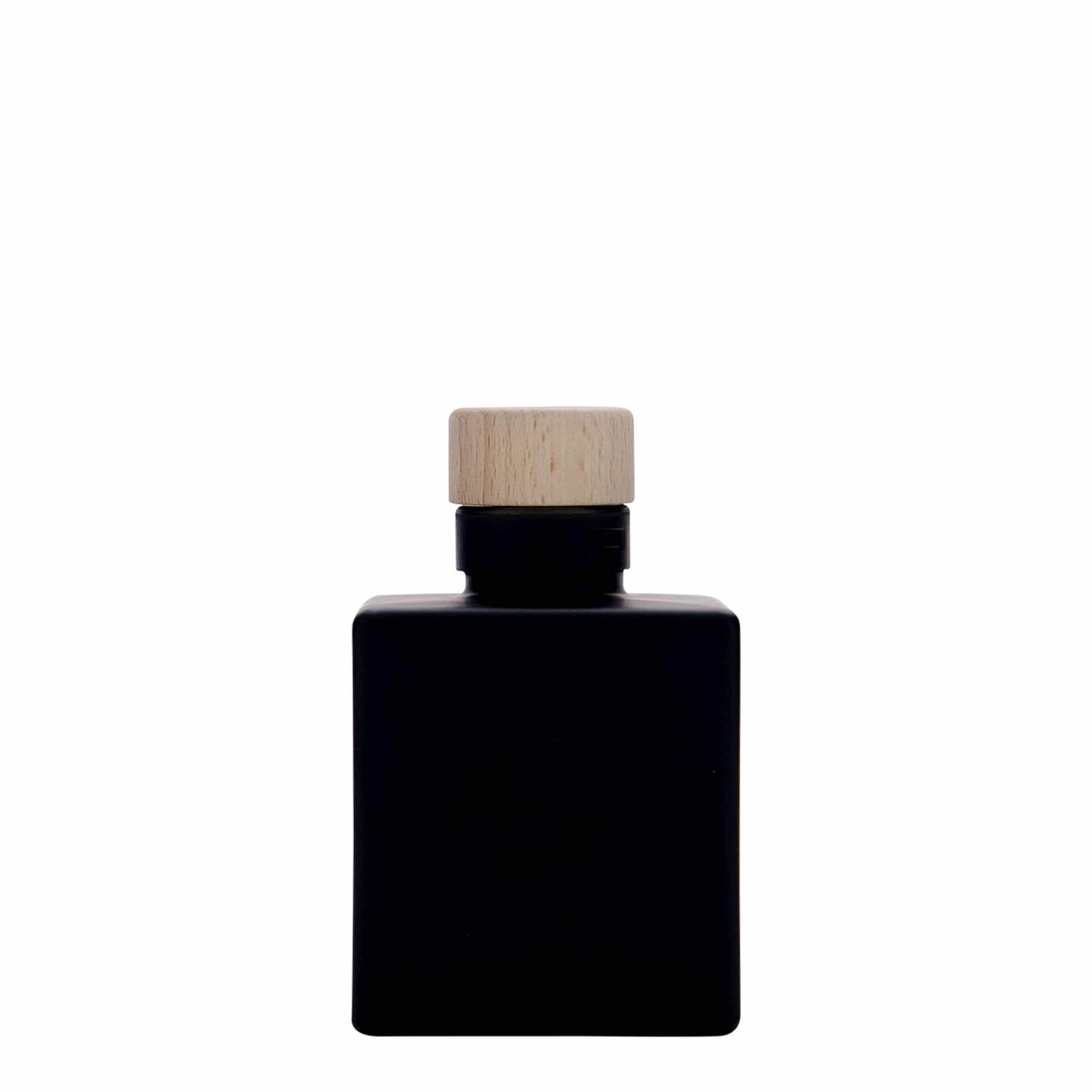 100 ml sklená fľaša „Cube“, štvorcová, čierna farba, hrdlo: korok