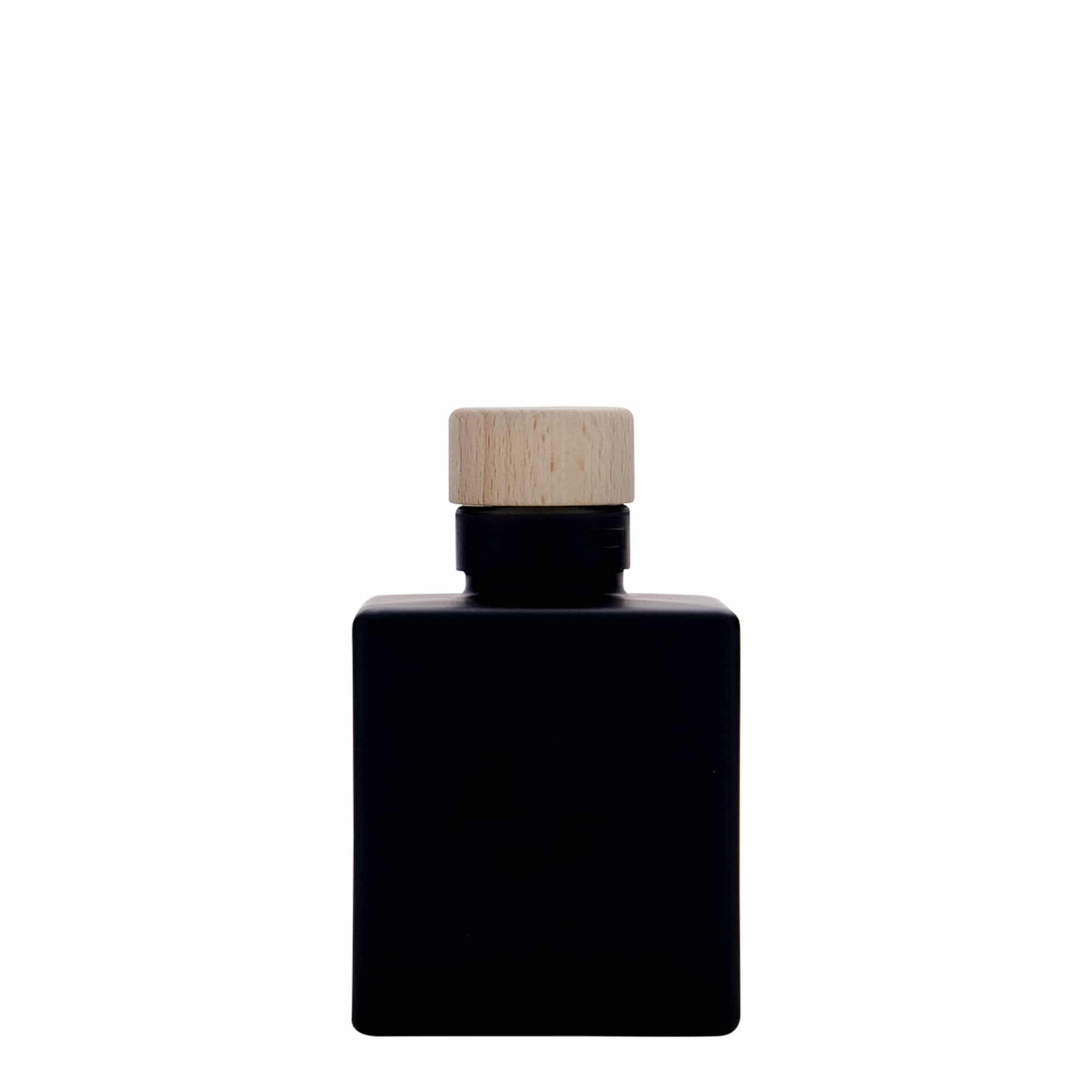 100 ml sklenená fľaša 'Cube', štvorcová, čierna, hrdlo: korkové