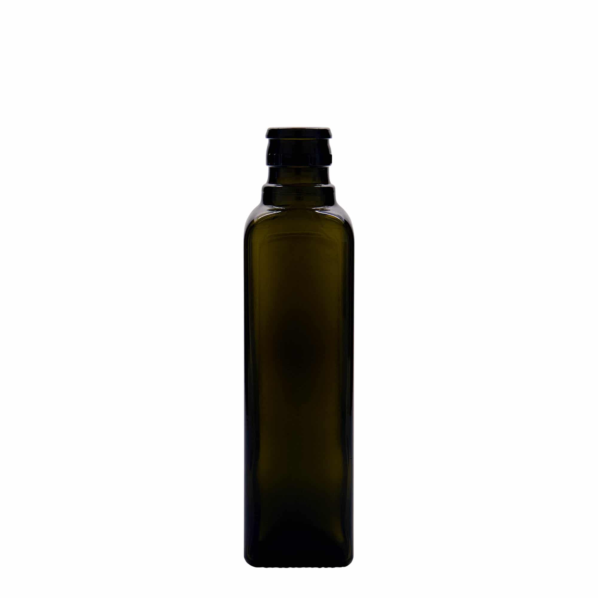 250 ml fľaša na ocot/olej „Quadra“, sklená, štvorcová, antická zelená farba, hrdlo: DOP 250 ml fľaša na ocot/olej „Quadra“, sklená, štvorcová, antická zelená farba, hrdlo: DOP