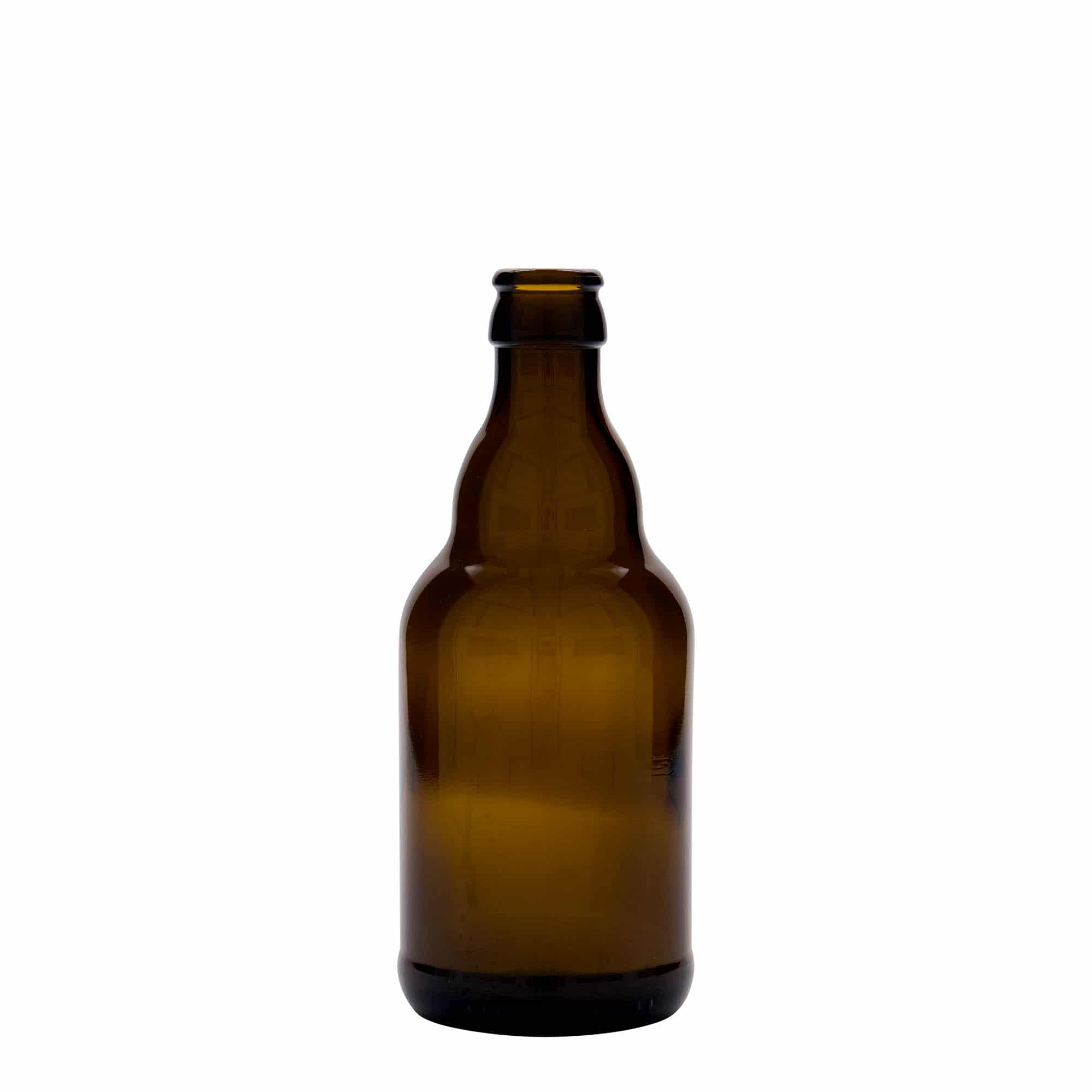 330 ml fľaša na pivo „Steinie“, sklená, hnedá farba, hrdlo: štupeľ