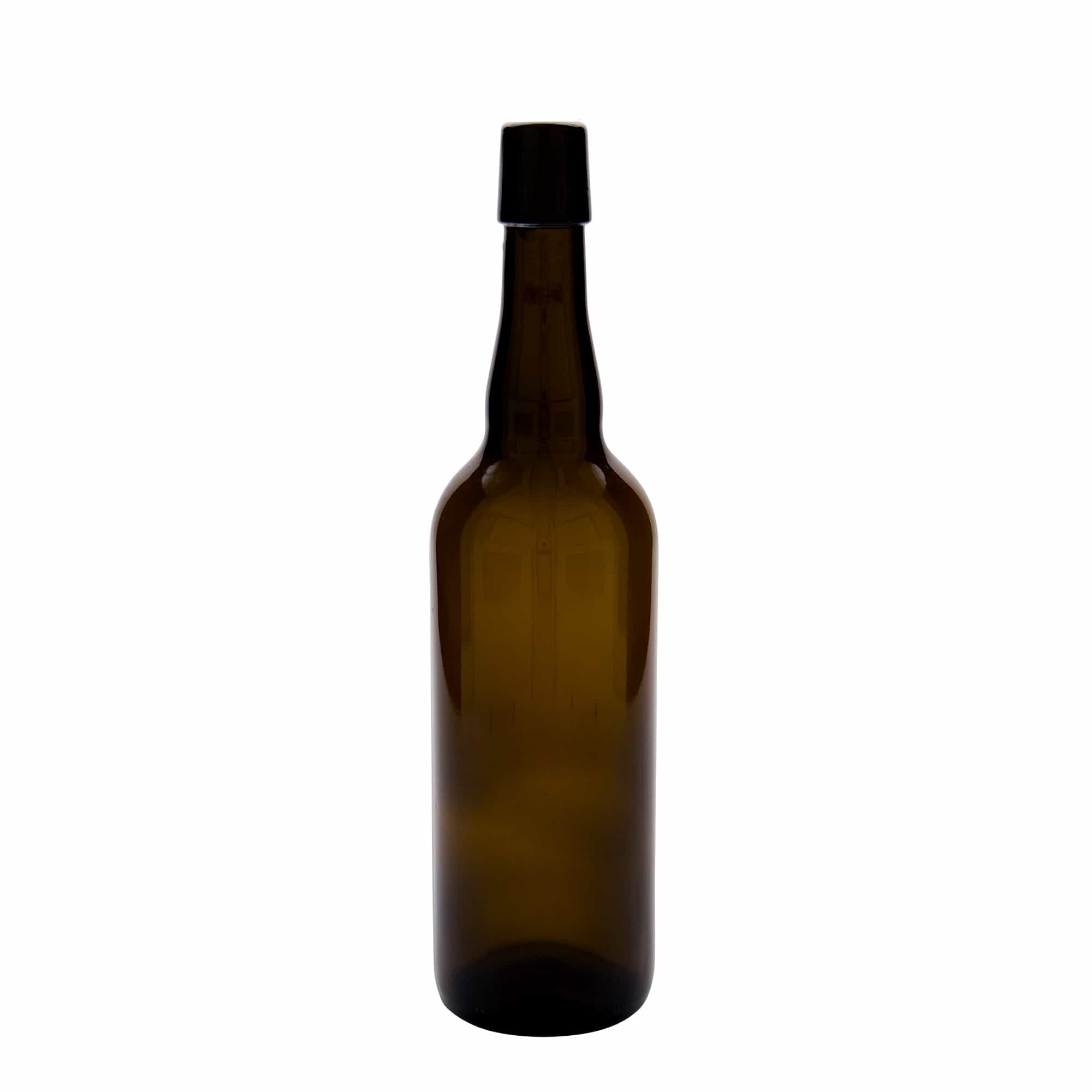750 ml fľaša na belgické pivo, sklená, hnedá farba, hrdlo: strmeňový uzáver