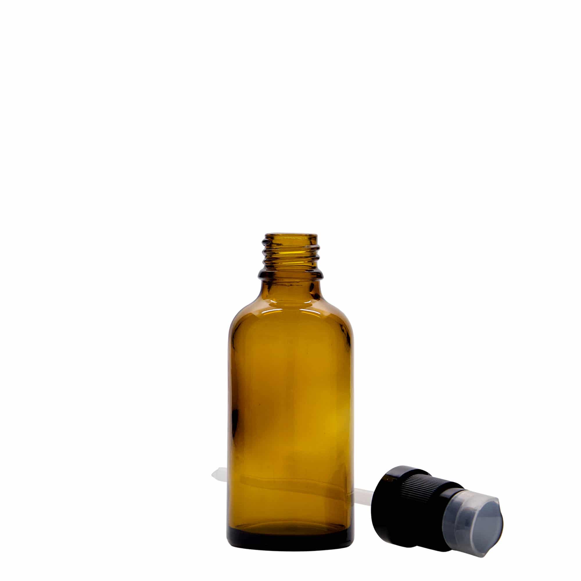 50 ml lekárska fľaša s dávkovačom na mlieko, sklo, hnedá, hrdlo: DIN 18