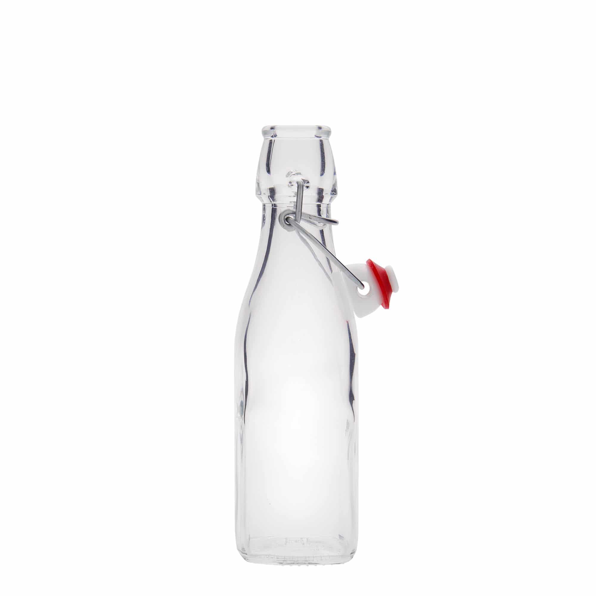 250 ml sklená fľaša „Swing, štvorcová, hrdlo: strmeňový uzáver