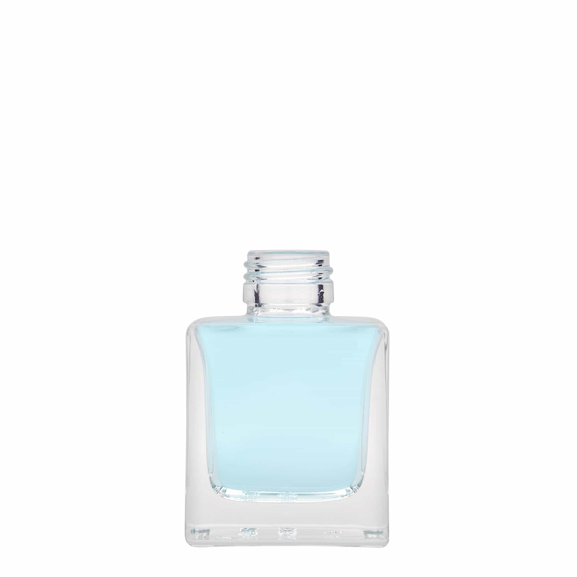 100 ml sklená fľaša „Cube“, štvorcová, hrdlo: PP 28