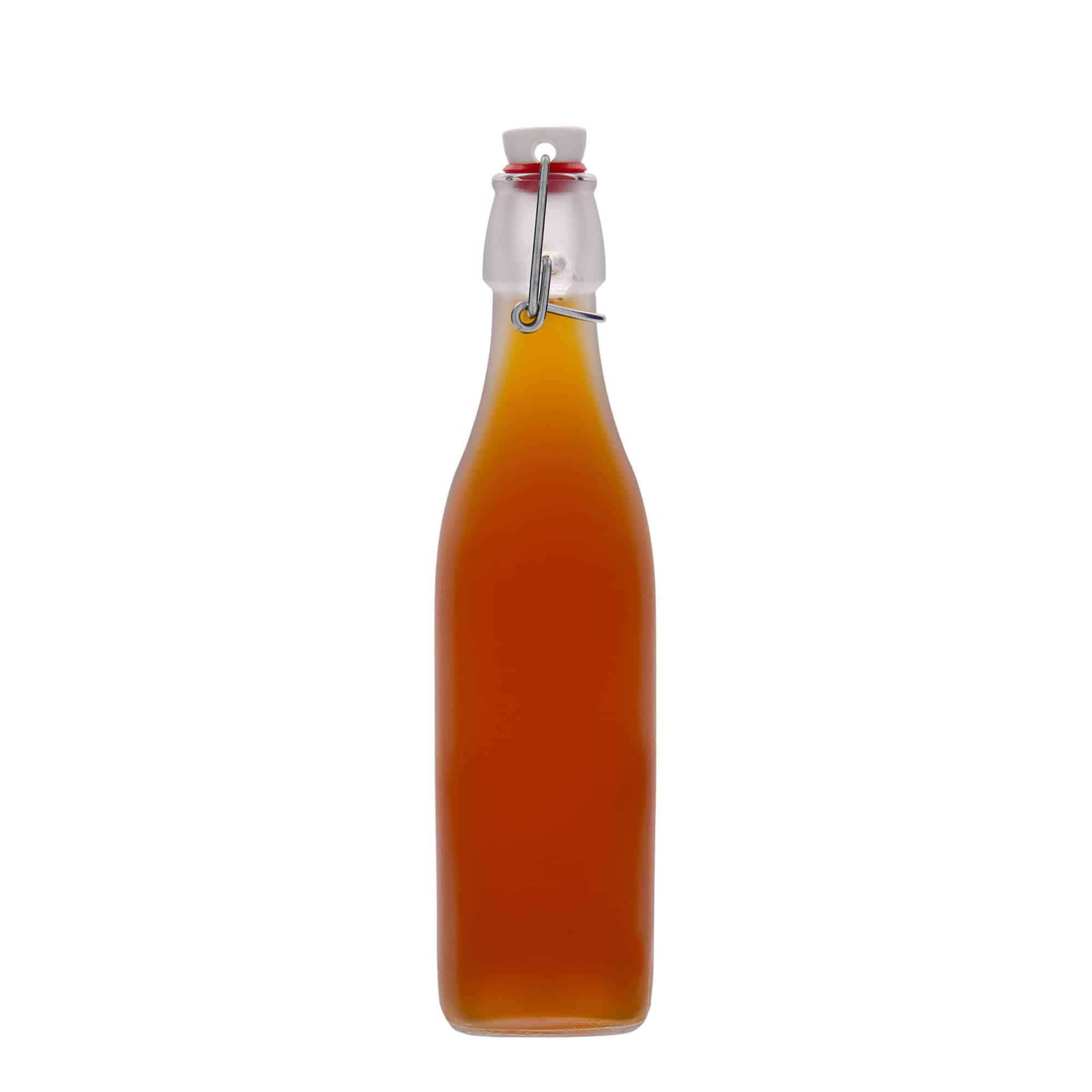 500 ml sklená fľaša „Swing, štvorcová, biela farba, hrdlo: strmeňový uzáver