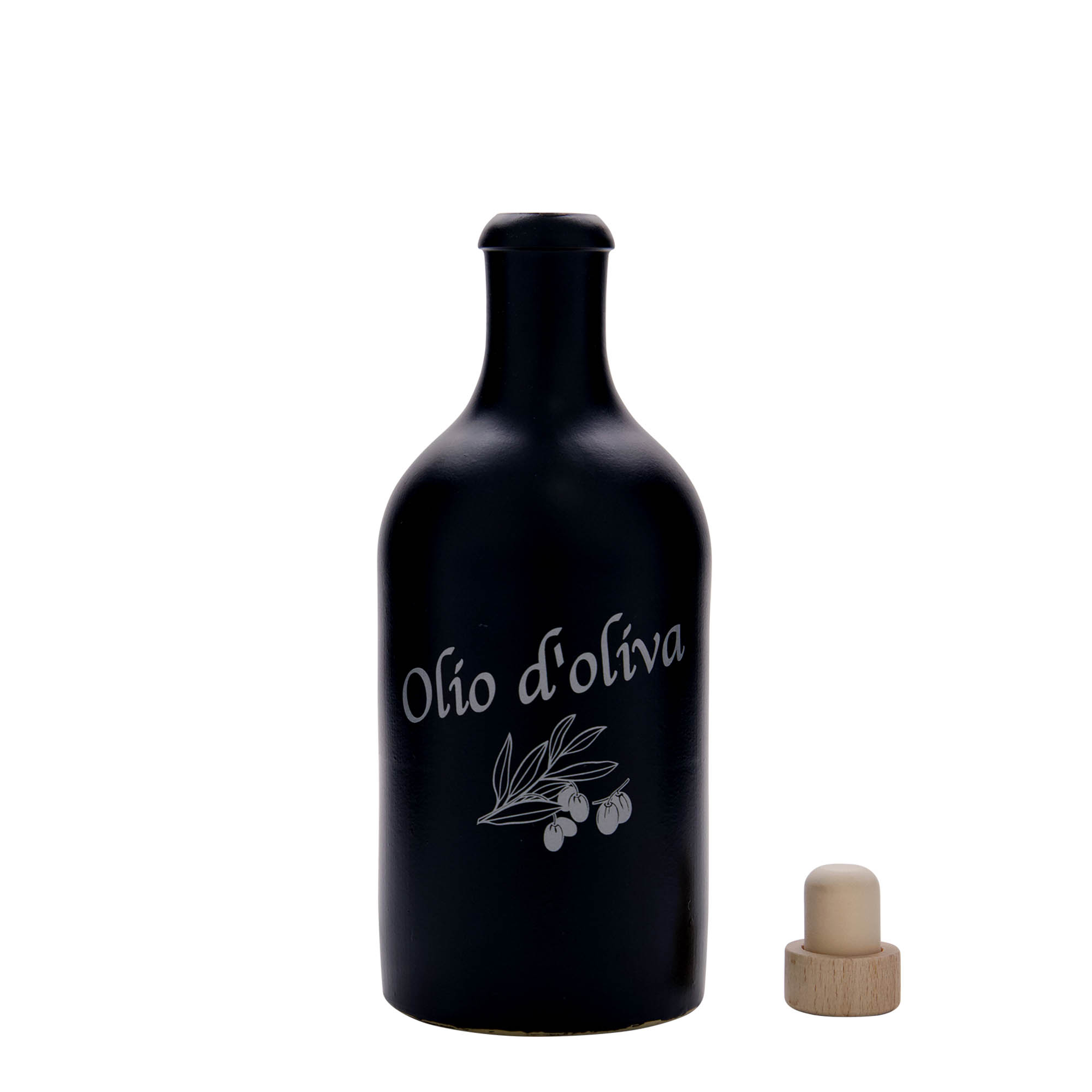 500 ml hlinený džbán, motív: Olio d'Oliva, kamenina, čierny, hrdlo: korok