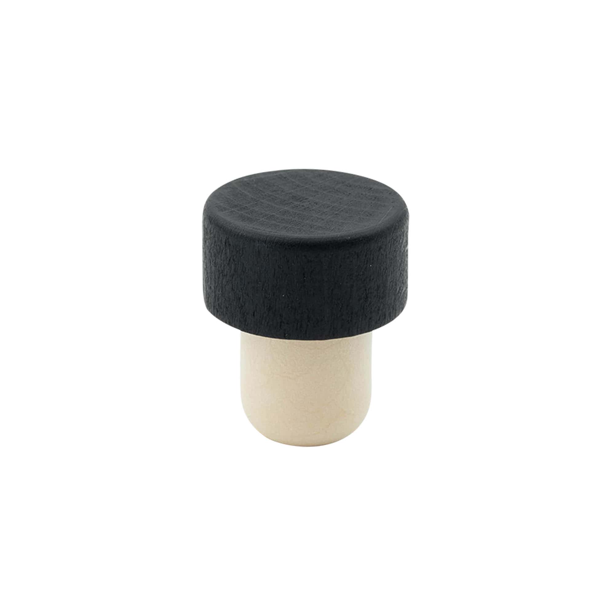 Rukoväťový korkový uzáver 19 mm, drevo/plast, čierny, pre hrdlo: korkový