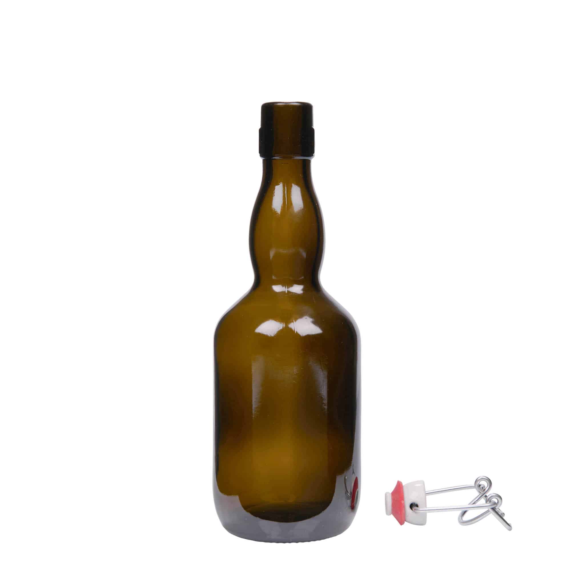 500 ml fľaša na pivo s krátkym hrdlom, sklený, antická zelená farba, hrdlo: strmeňový uzáver