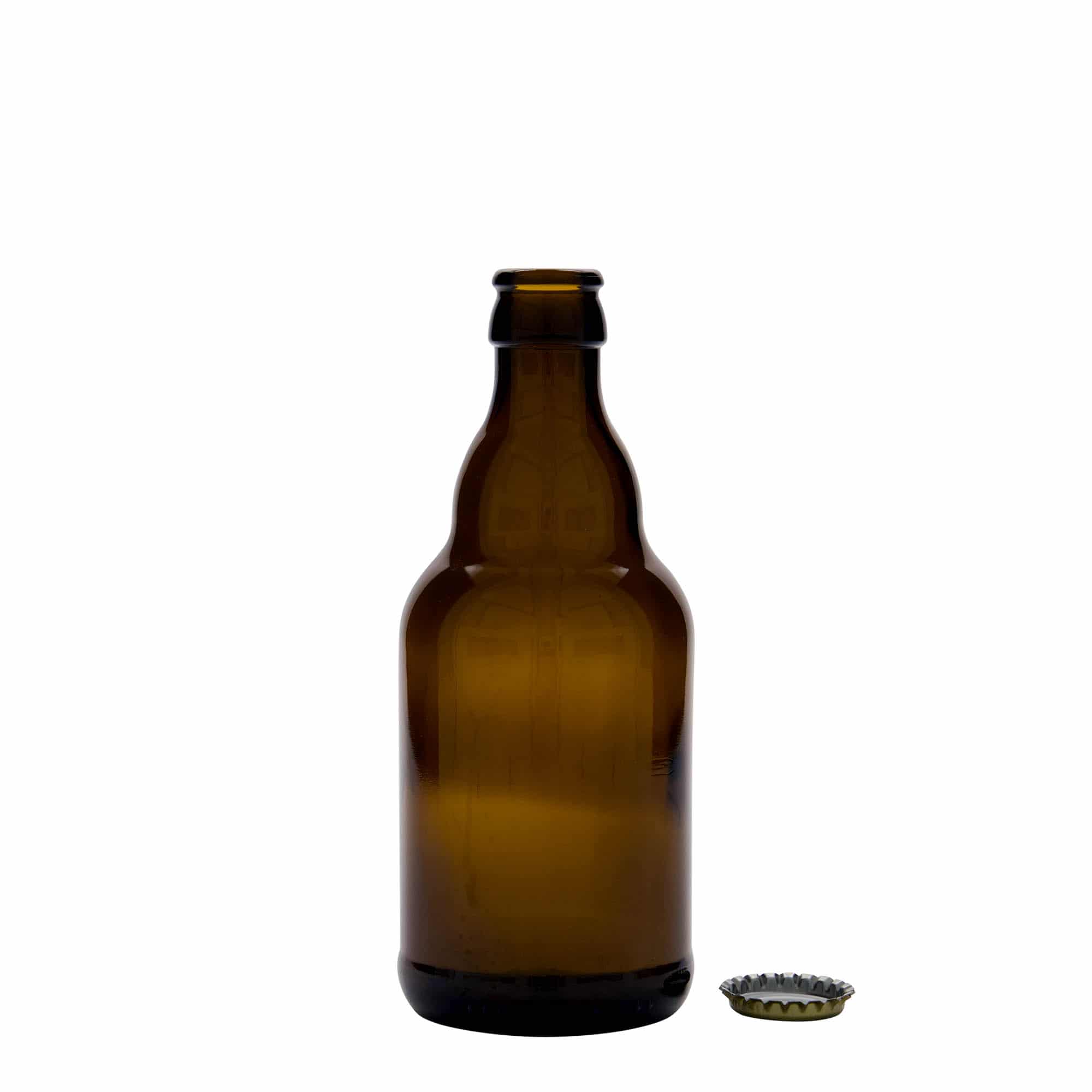 330 ml fľaša na pivo „Steinie“, sklená, hnedá farba, hrdlo: štupeľ