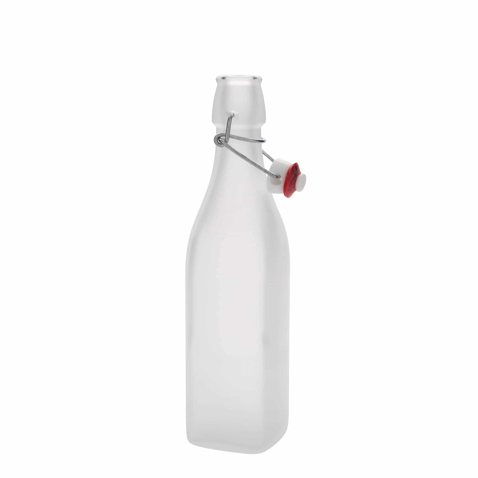 500 ml sklená fľaša „Swing, štvorcová, biela farba, hrdlo: strmeňový uzáver