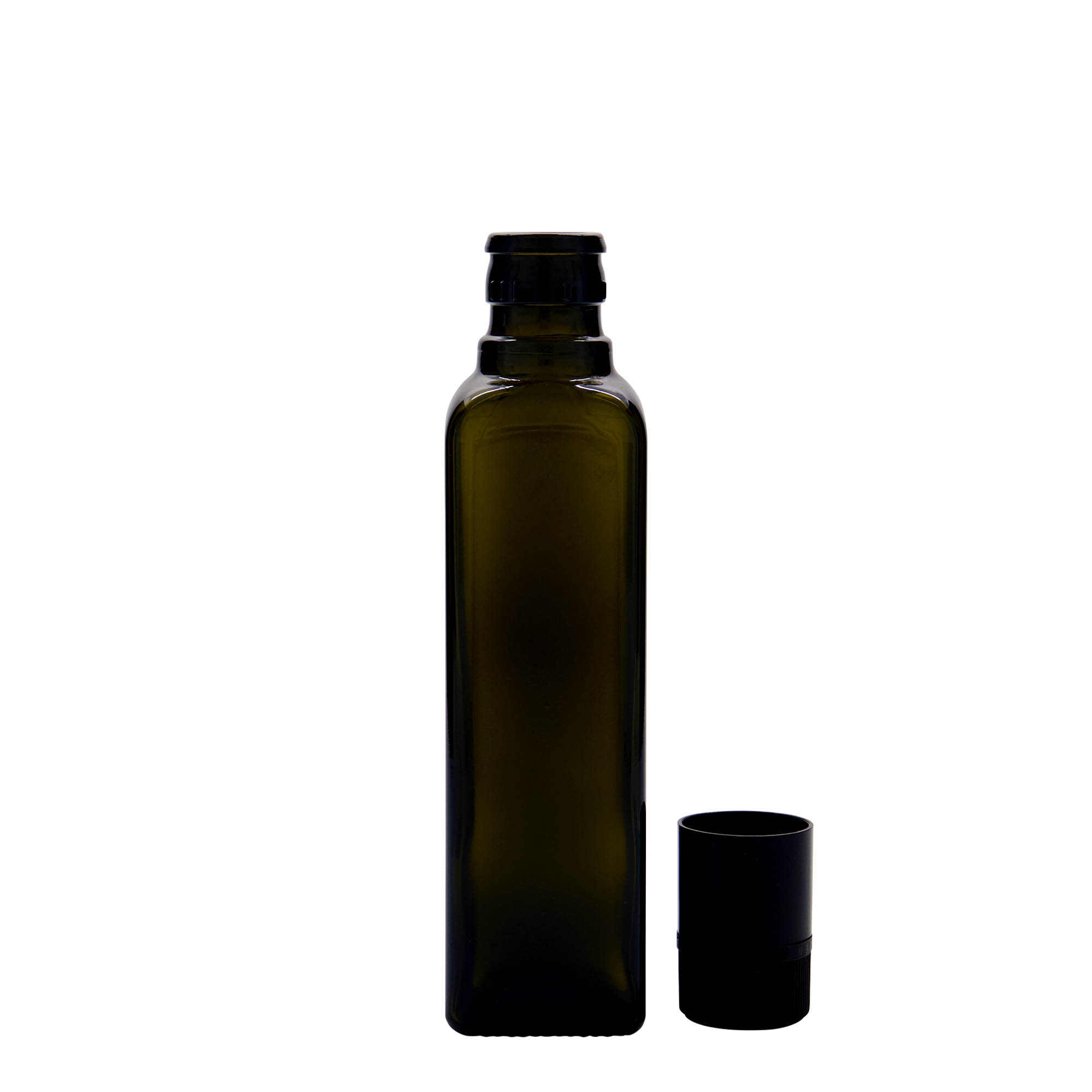 250 ml fľaša na ocot/olej „Quadra“, sklená, štvorcová, antická zelená farba, hrdlo: DOP