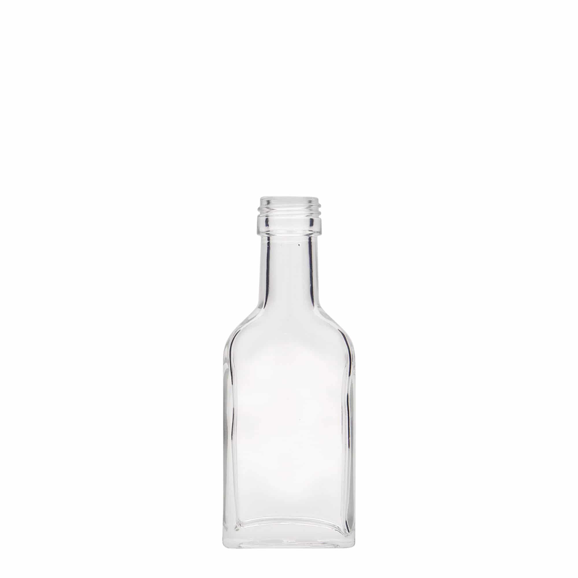 40 ml vrecková fľaša s dlhým hrdlom, obdĺžniková, sklo, hrdlo: PP 22