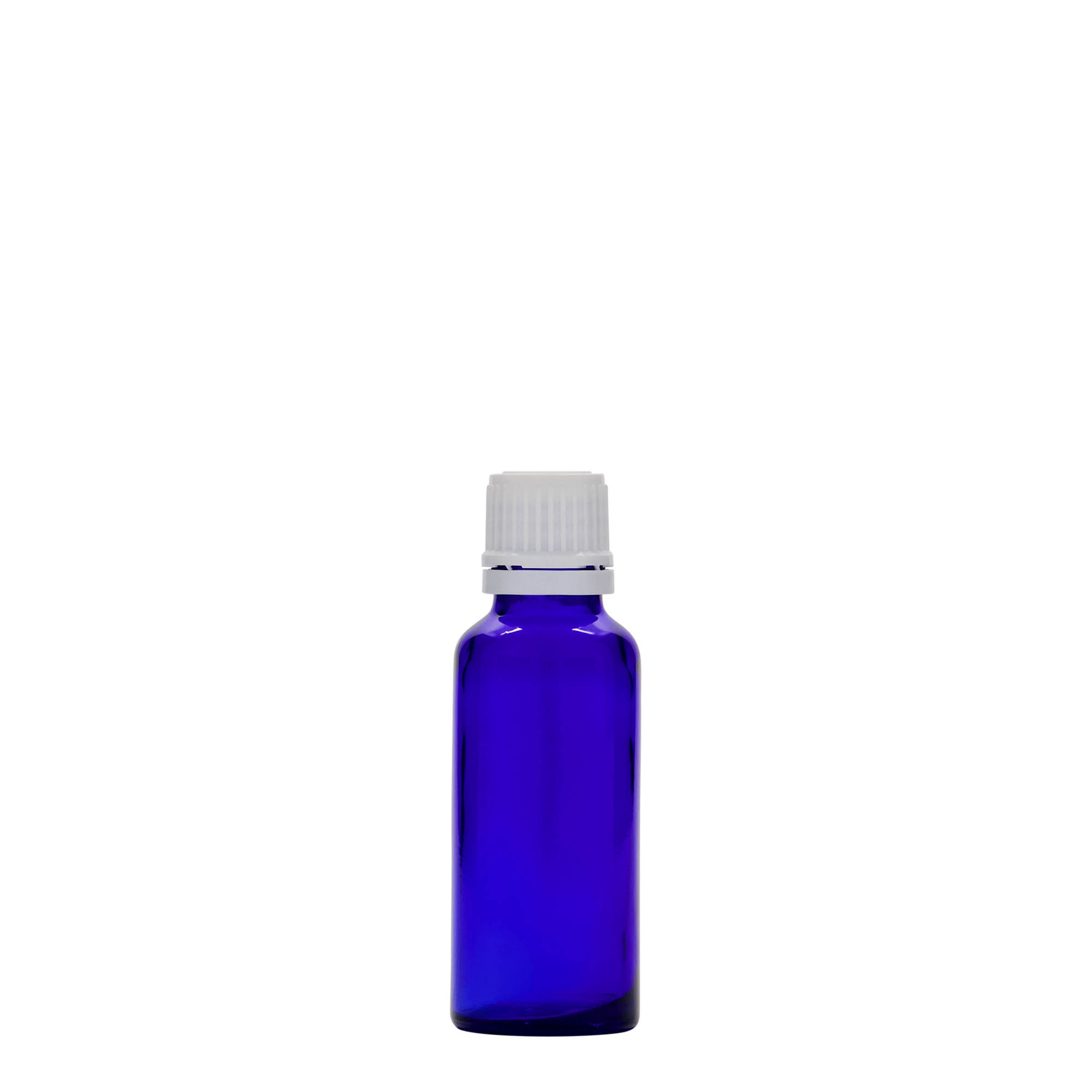 30 ml lekárska fľaša, sklo, kráľovská modrá, hrdlo: DIN 18