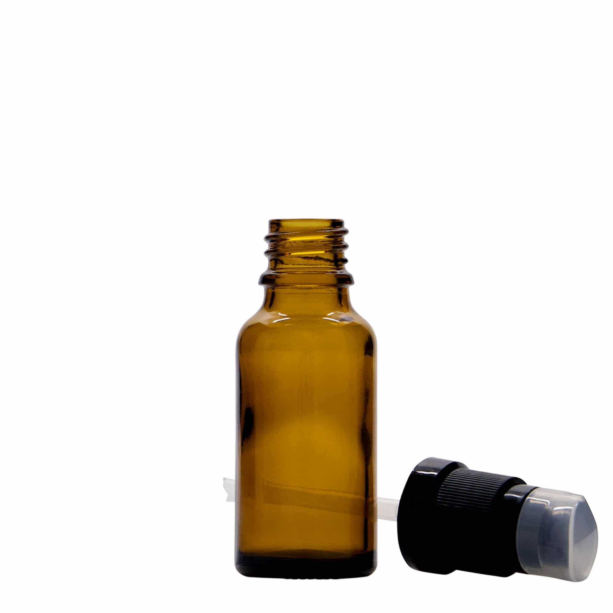 20 ml liekovka s pumpičkou, sklená, hnedá farba, hrdlo: DIN 18