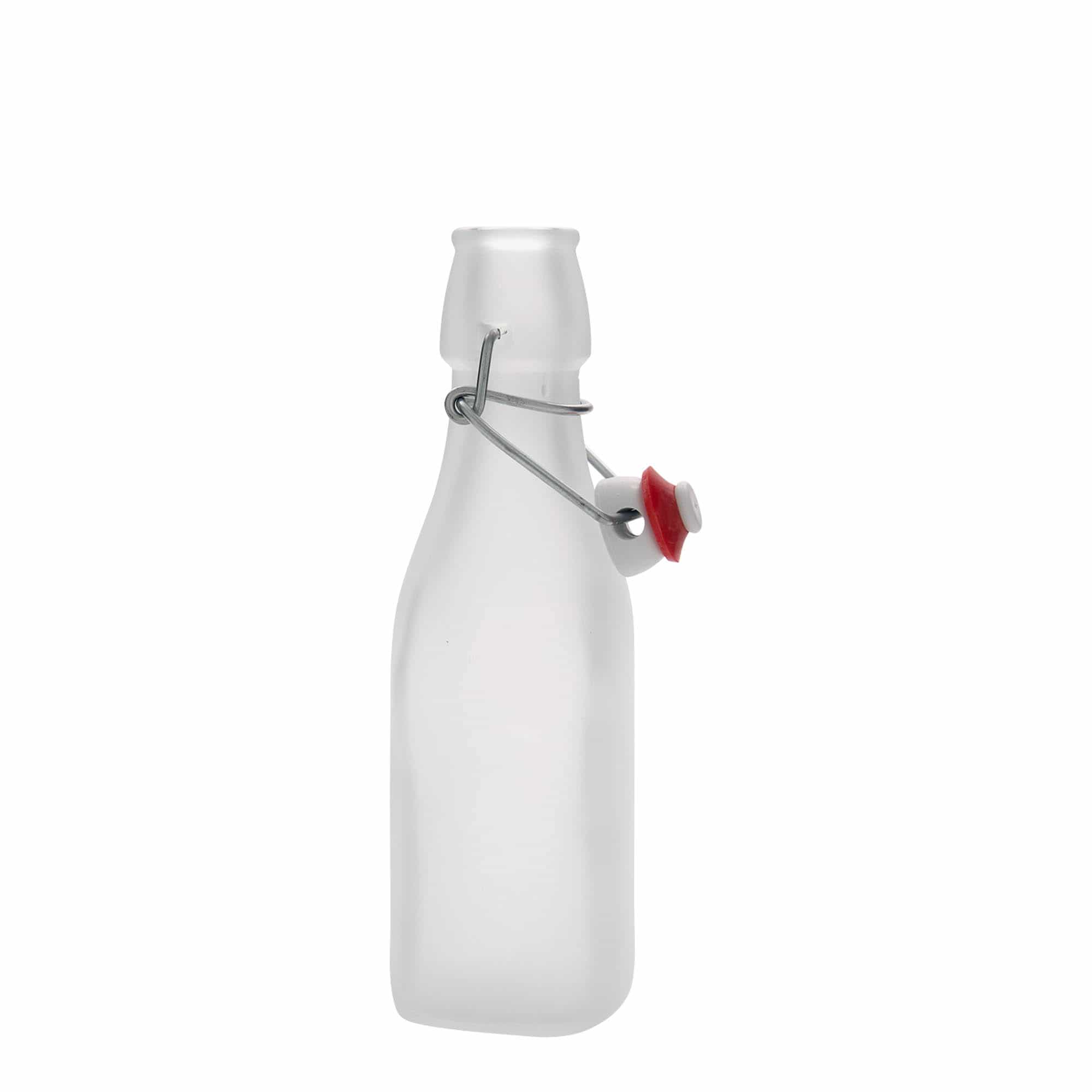 250 ml sklená fľaša „Swing, štvorcová, biela farba, hrdlo: strmeňový uzáver
