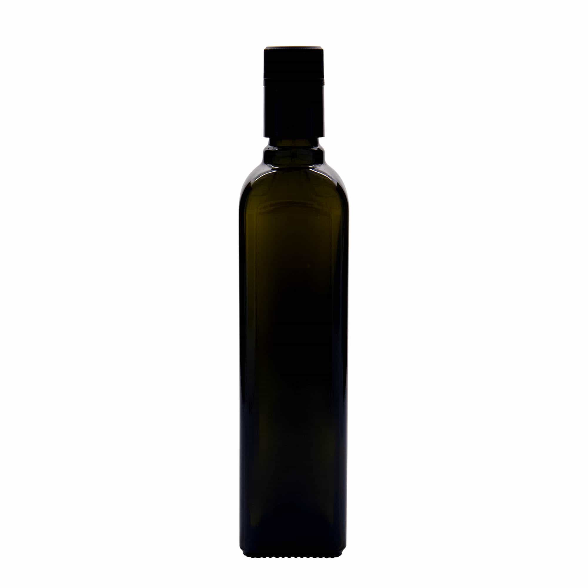 500 ml fľaša na ocot/olej „Quadra“, sklená, štvorcová, antická zelená farba, hrdlo: DOP