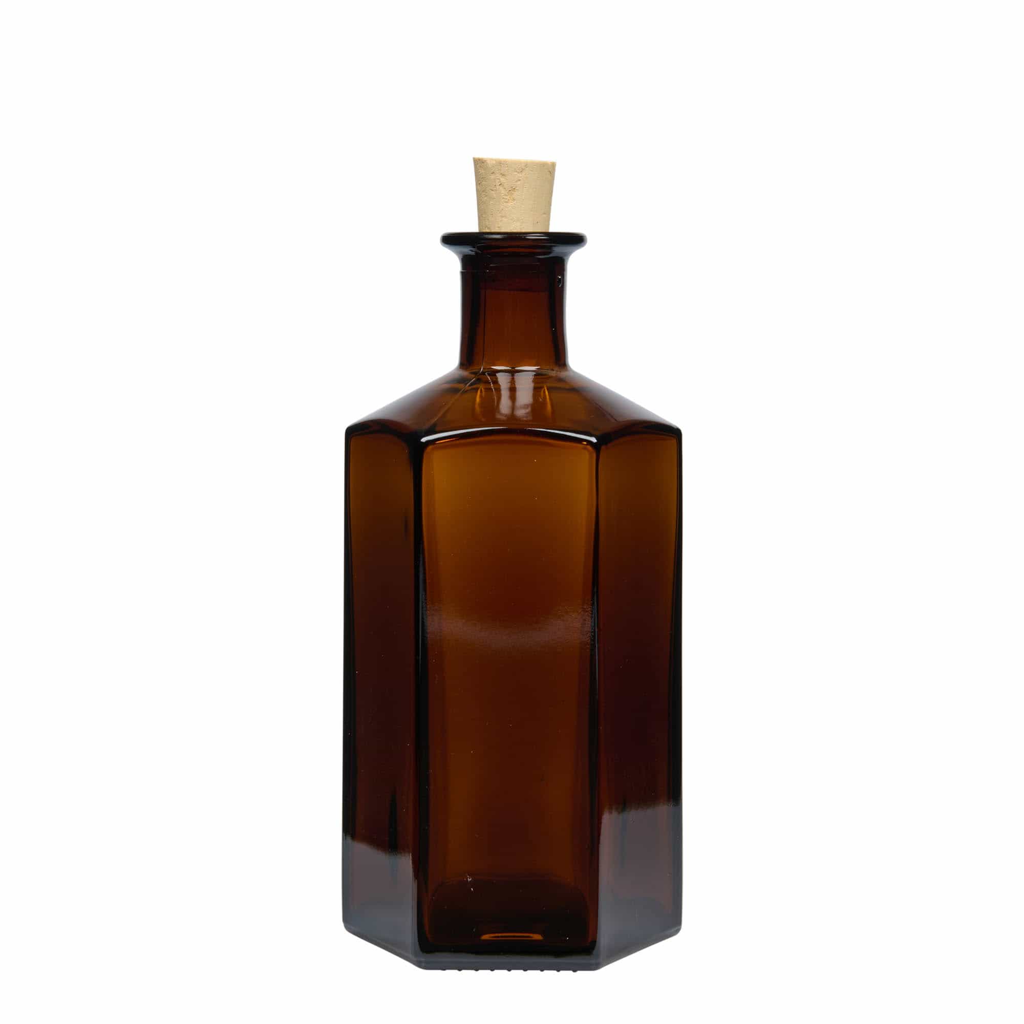 500 ml sklenená fľaša Apothecary „Jimmy“. šesťhranná. hnedá. Hrdlo: korok