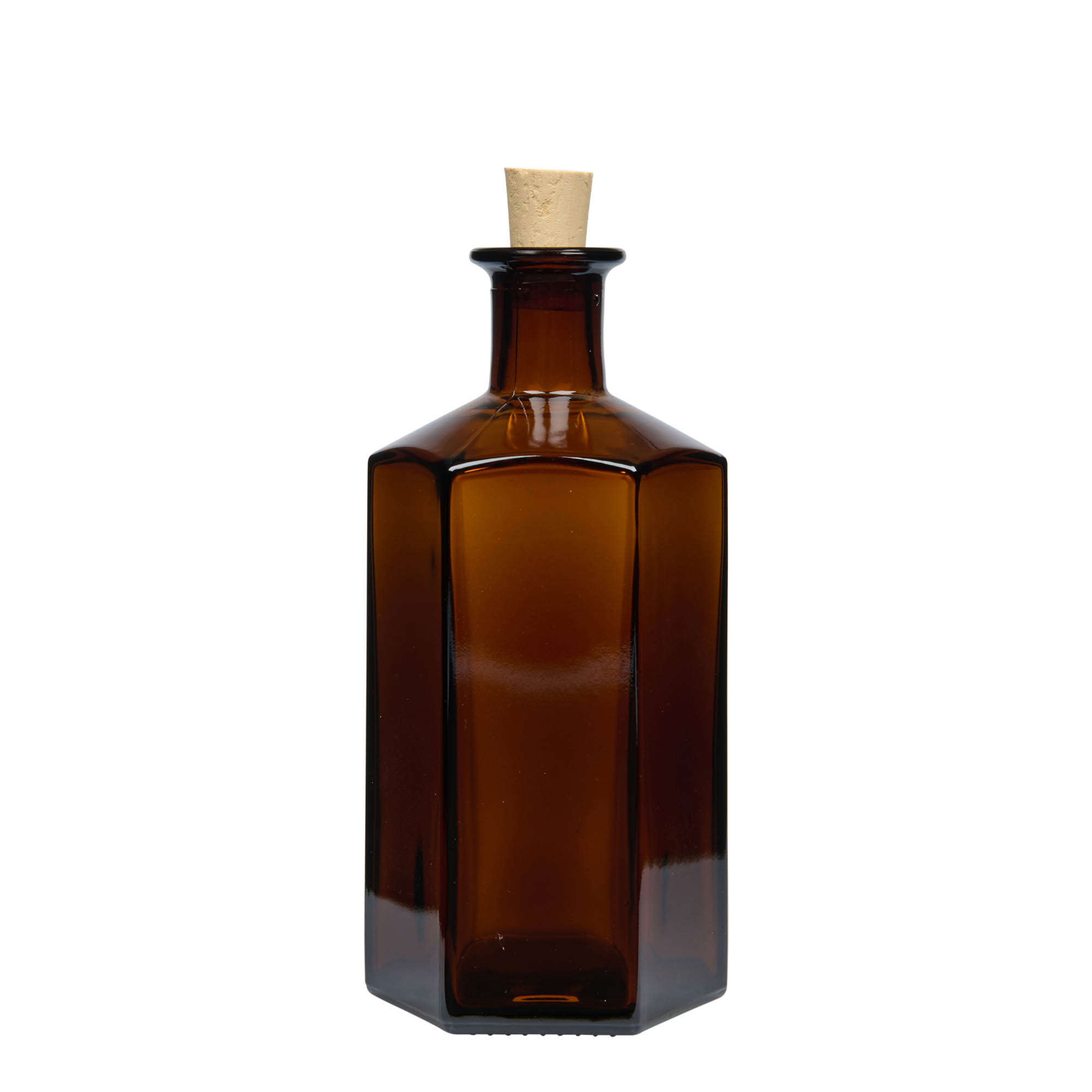 500 ml sklenená fľaša lekárnika 'Jimmy', šesťhranná, hnedá, hrdlo: korkové