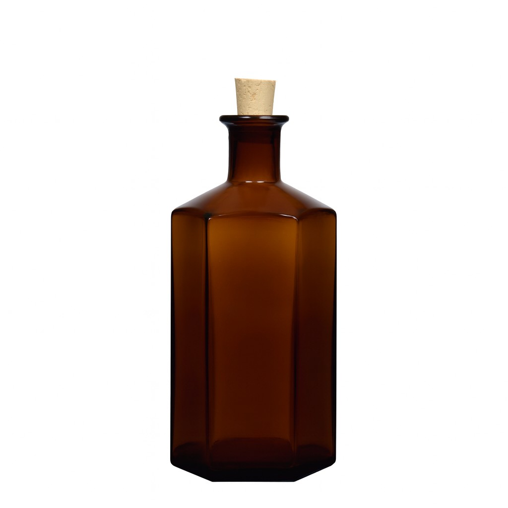 500 ml sklenená fľaša lekárnika 'Jimmy', šesťhranná, hnedá, hrdlo: korkové 500 ml sklenená fľaša lekárnika 'Jimmy', šesťhranná, hnedá, hrdlo: korkové