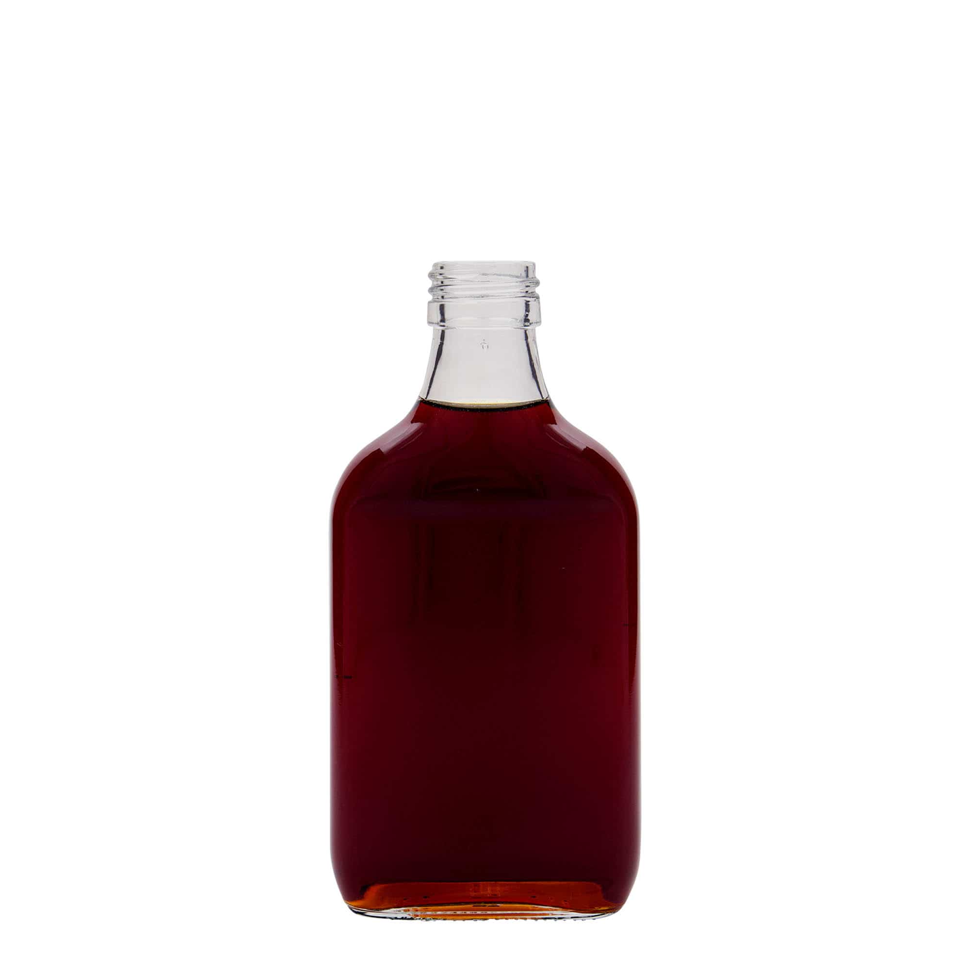 200 ml vrecková fľaša, obdĺžniková, sklená, hrdlo: PP 28