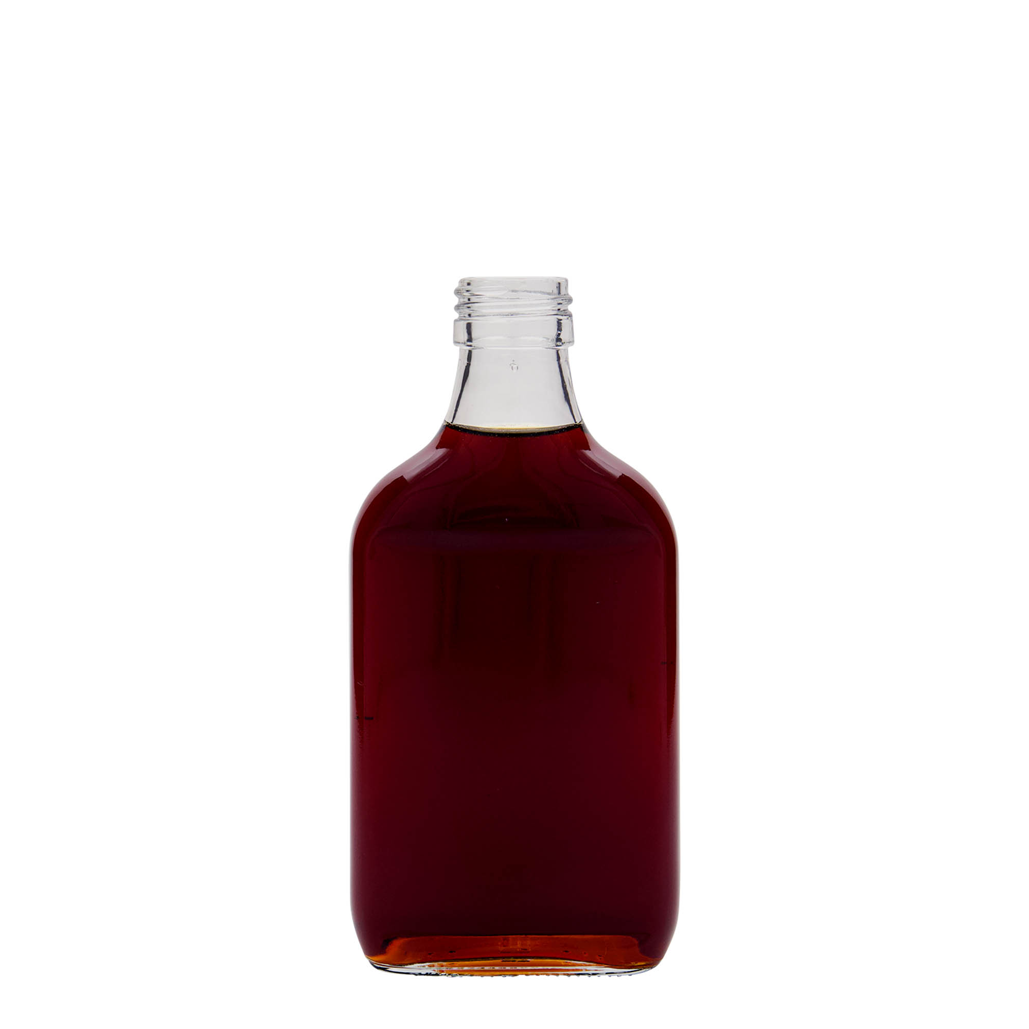 200 ml vrecková fľaša, obdĺžniková, sklo, hrdlo: PP 28