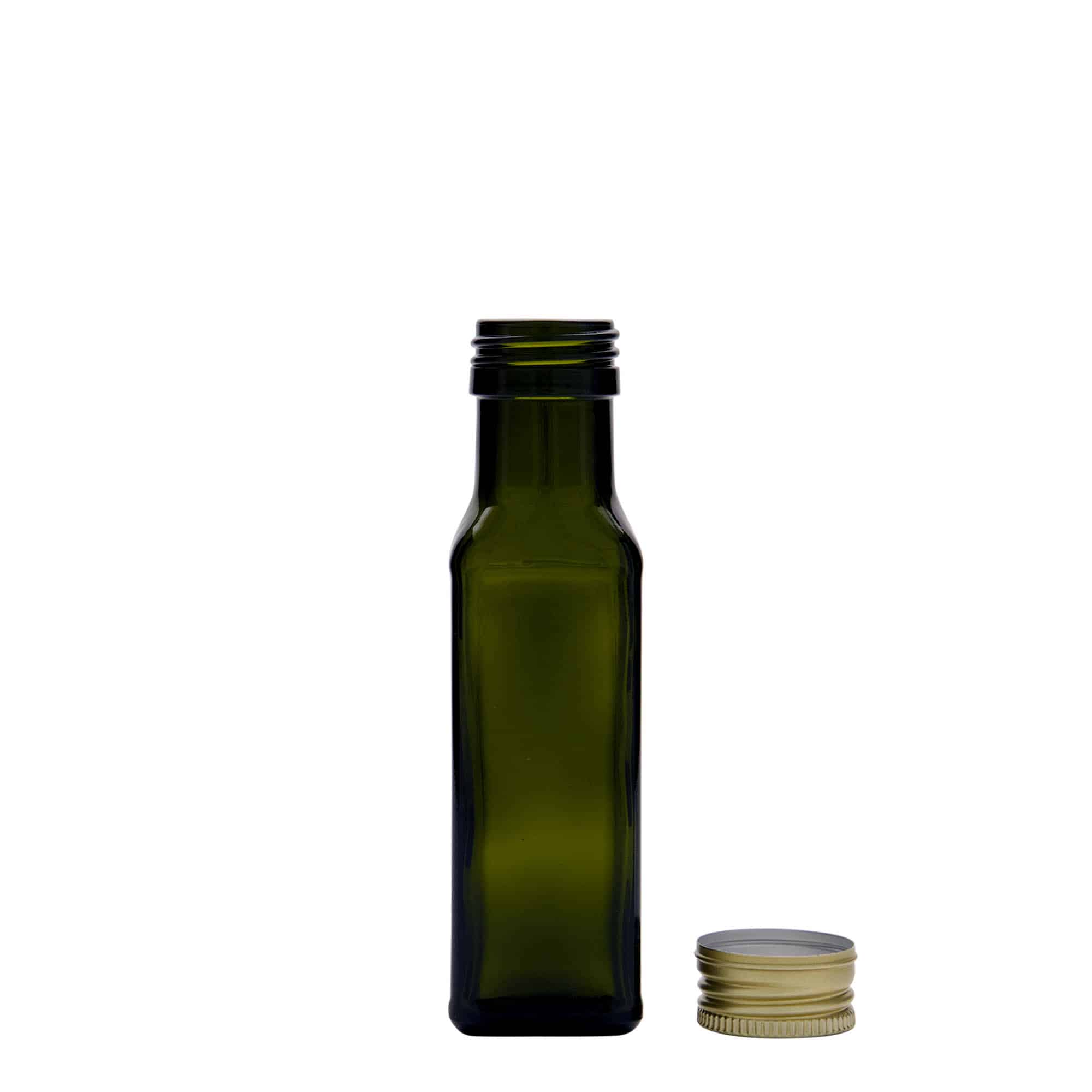 100 ml sklená fľaša „Marasca“, štvorcová, antická zelená farba, hrdlo: PP 31,5 100 ml sklená fľaša „Marasca“, štvorcová, antická zelená farba, hrdlo: PP 31,5