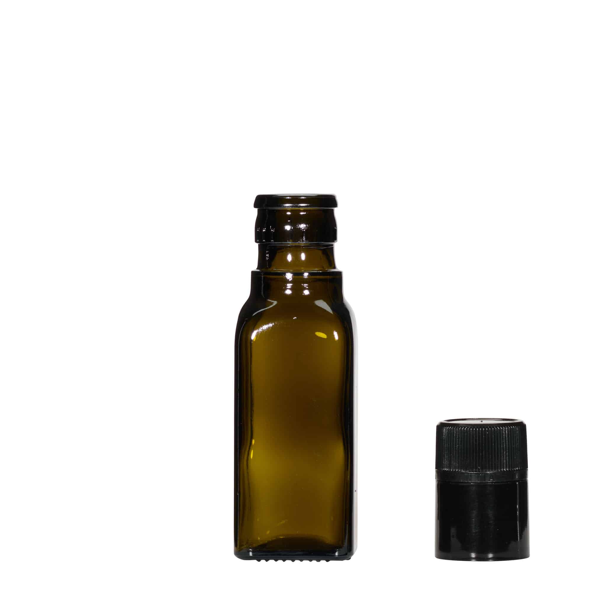 100 ml fľaša na ocot/olej „Quadra“, sklená, štvorcová, antická zelená farba, hrdlo: DOP