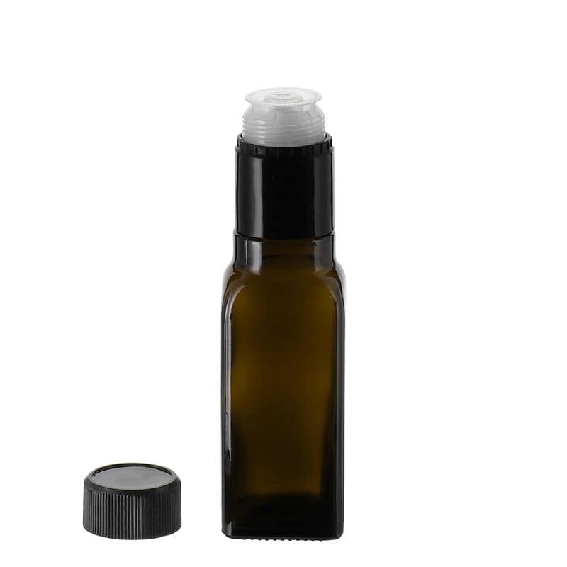 100 ml fľaša na ocot/olej „Quadra“, sklená, štvorcová, antická zelená farba, hrdlo: DOP