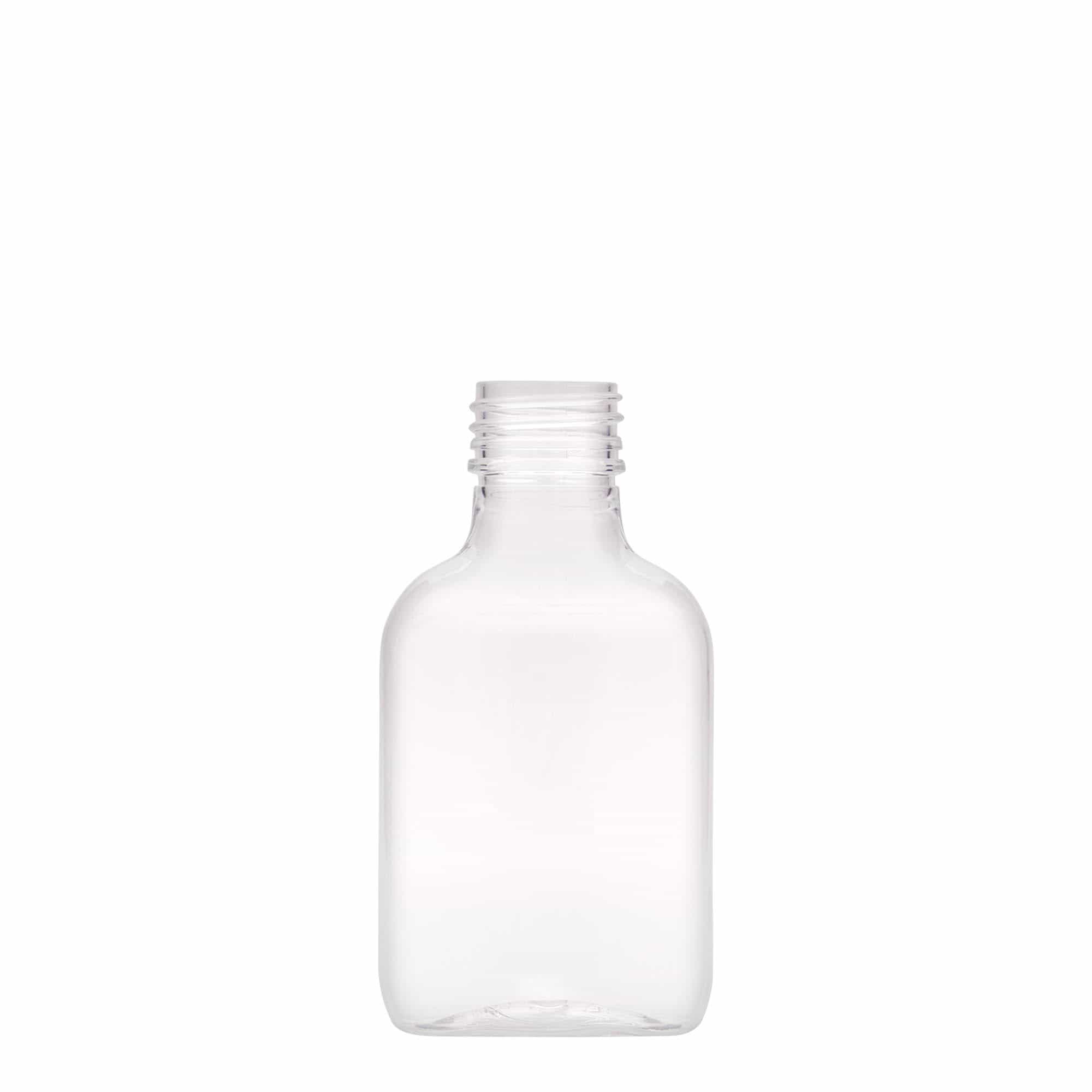 100 ml vrecková fľaša, oválna, PET plast, hrdlo: PP 28