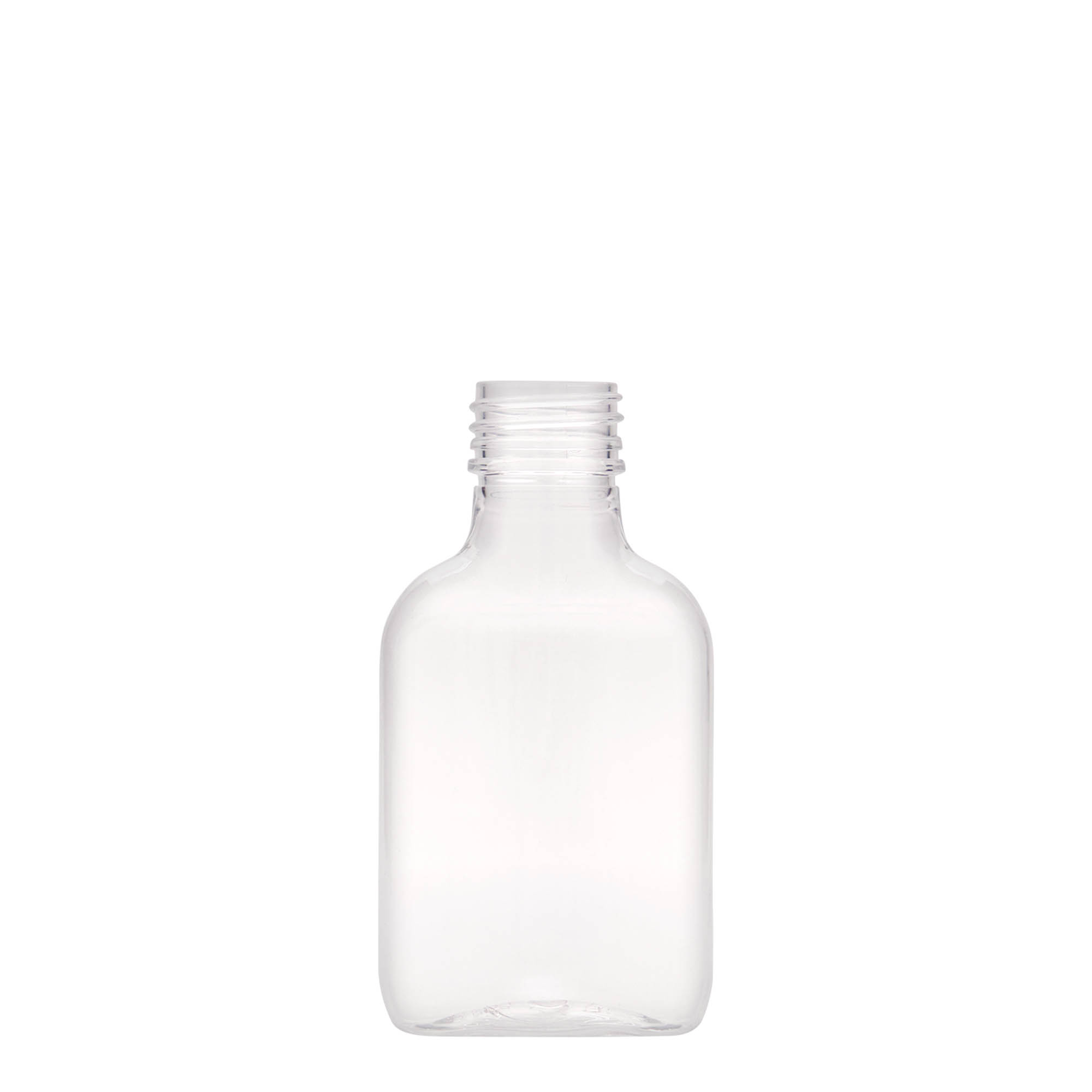 100 ml vrecková fľaša, oválna, PET-plast, hrdlo: PP 28